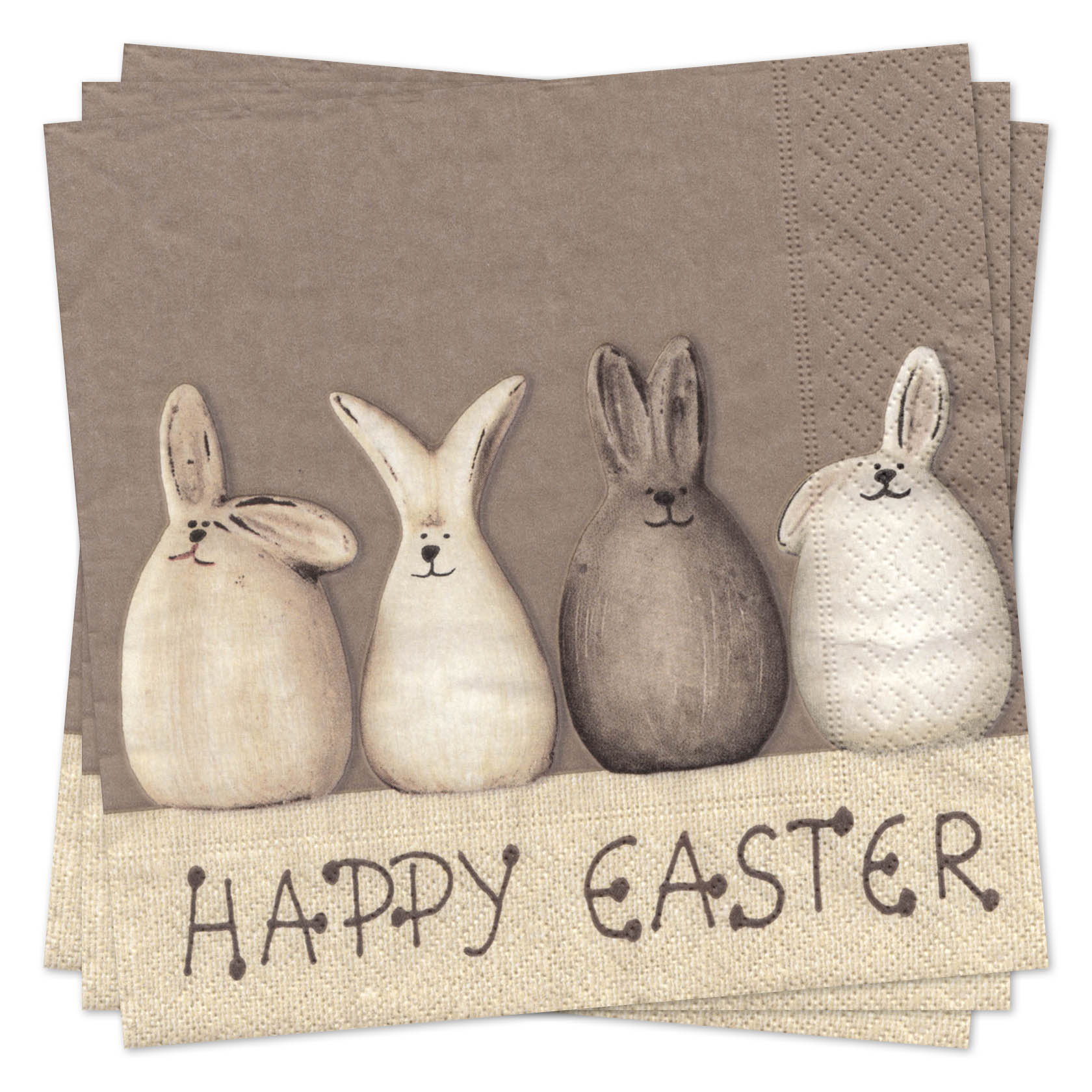 Vier dekorative Osterhasen in unterschiedlichen Brauntönen auf einer Serviette mit der Aufschrift 'Happy Easter'. im Dregeno Online Shop günstig kaufen