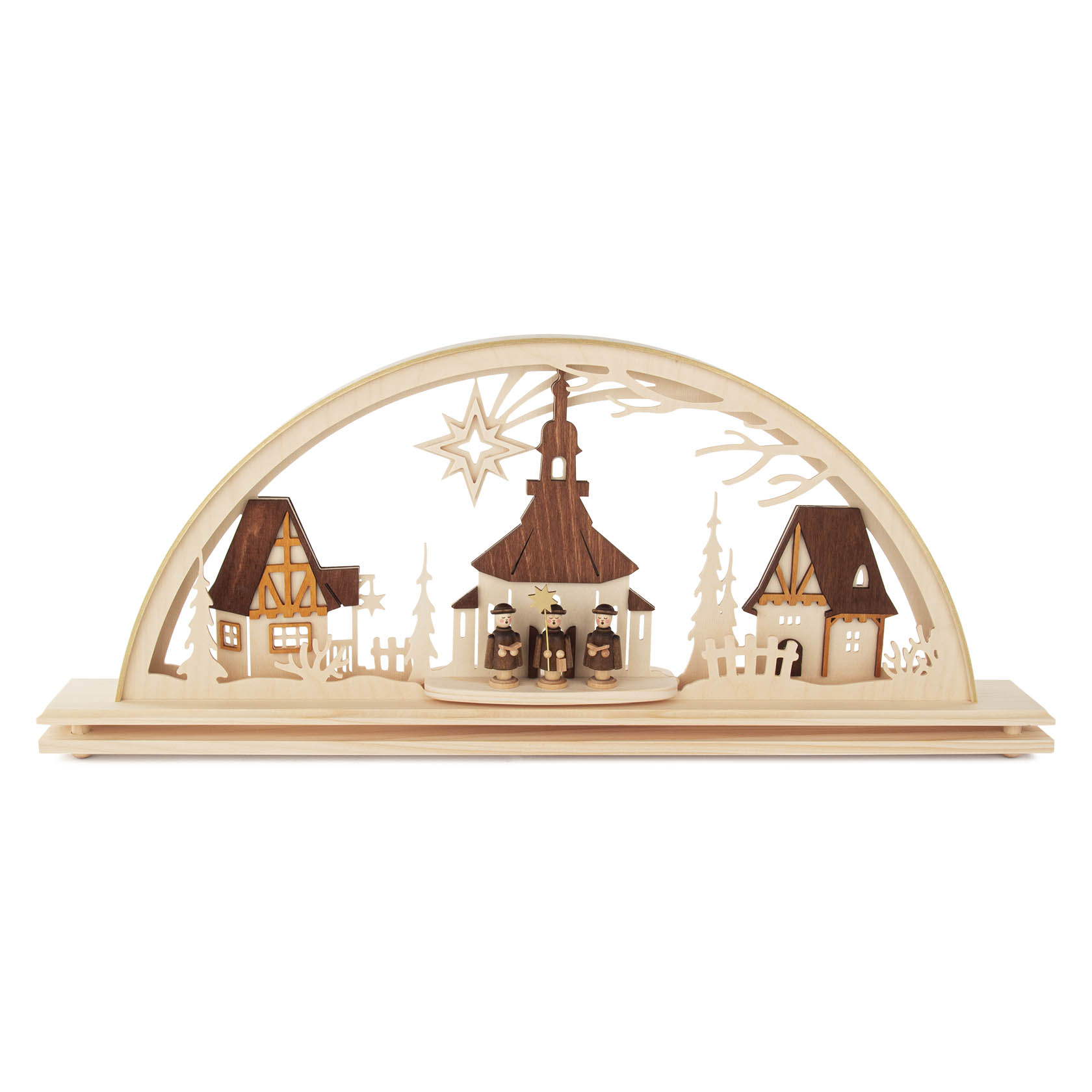 Illuminated arch-shaped wooden decor with Seiffen Church and LED lights, featuring carved figures and buildings, part of traditional Christmas decoration. im Dregeno Online Shop günstig kaufen