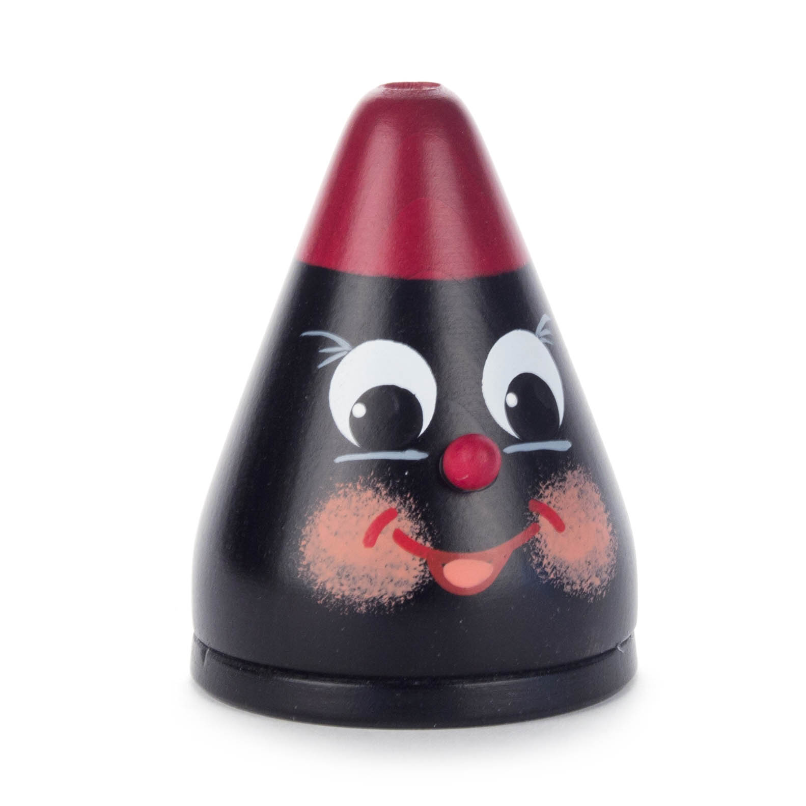 Eine schwarze Räucherkerze in Form eines Kegels mit einem aufgemalten freundlichen Gesicht, roten Wangen und roter Nase. im Dregeno Online Shop günstig kaufen