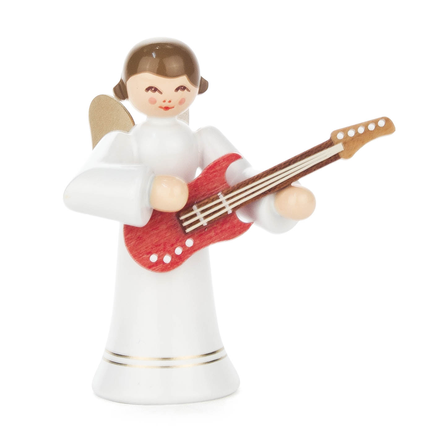 Porzellanengel in langem weißen Gewand hält rote E-Gitarre. Das Engelchen hat goldene Flügel und einen lächelnden Gesichtsausdruck. im Dregeno Online Shop günstig kaufen