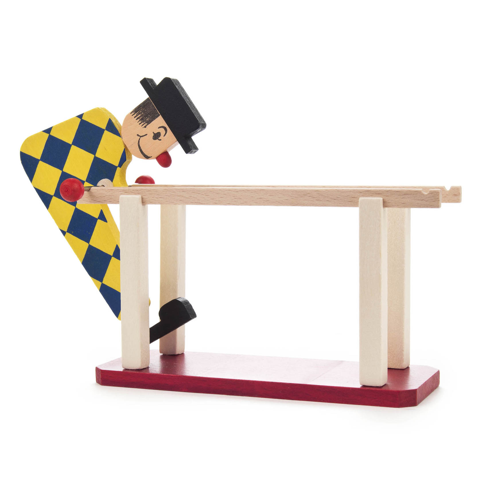 Holzfigur eines Mannes mit Hut und kariertem Karo-Anzug, der sich auf einem Barenturner ausbalanciert. im Dregeno Online Shop günstig kaufen