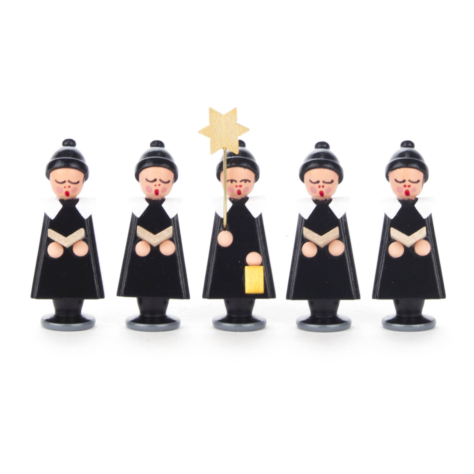Fünf Kurrendefiguren mit schwarzen Gewändern und Bommelmützen. Eine der Figuren hält einen goldenen Sternstab und ein Päckchen. im Dregeno Online Shop günstig kaufen