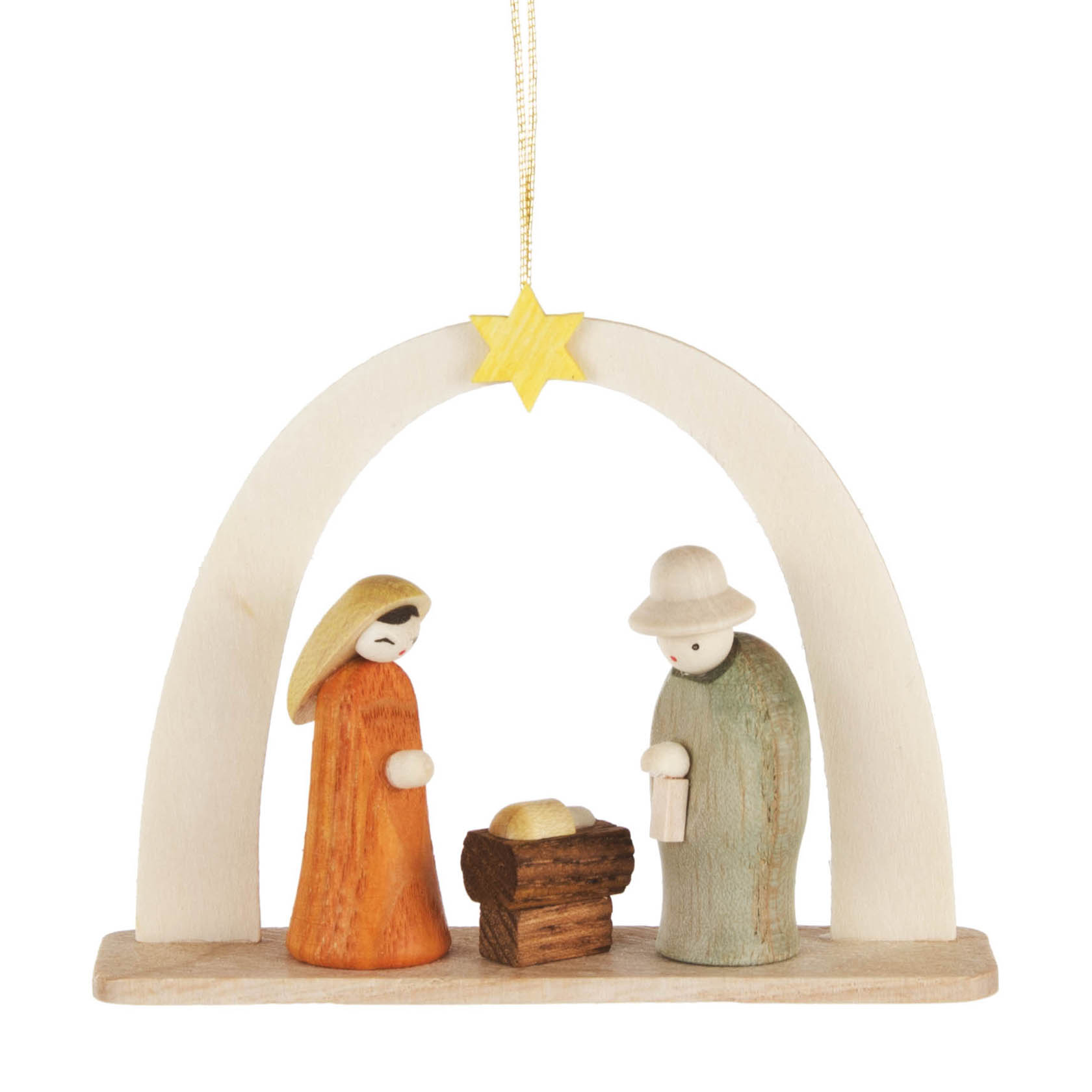 Holzfigur-Krippe mit Maria in Orange links, Josef in Grün rechts, und Jesus in der Mitte in einer Krippe unter weißem Bogen mit gelbem Stern. im Dregeno Online Shop günstig kaufen