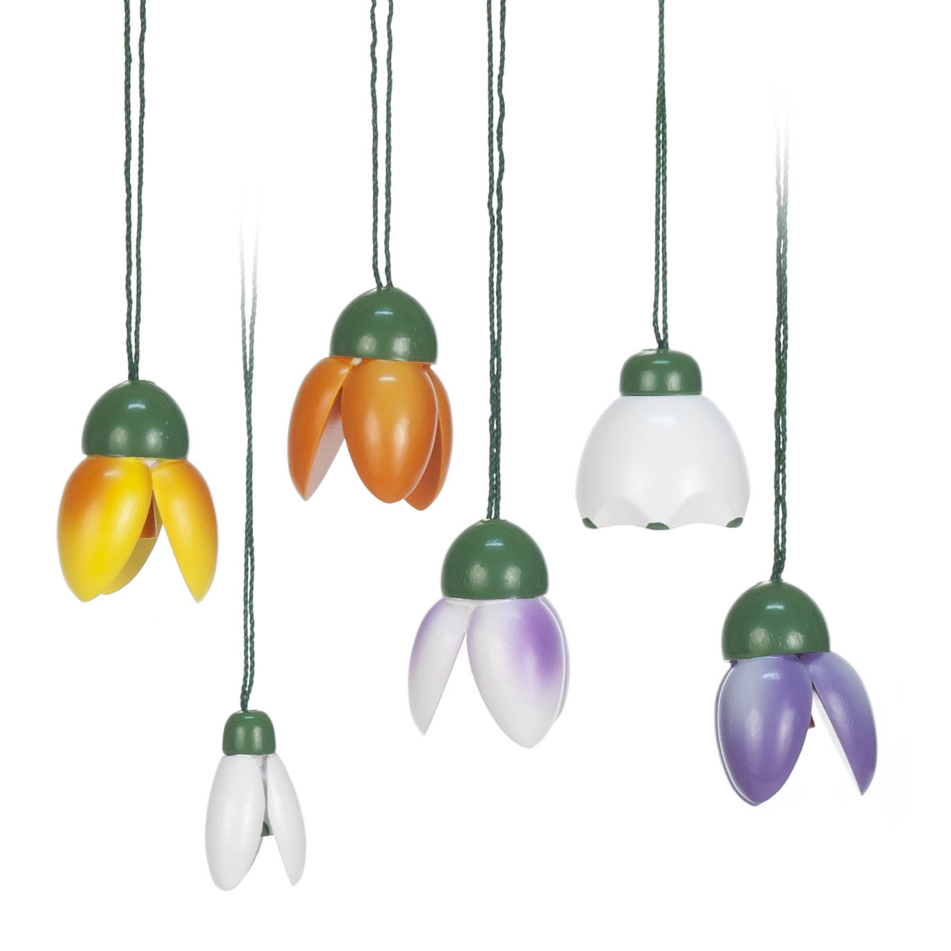 Sechs hängende Plastikblüten in unterschiedlichen Farben: Gelb, Orange, Weiß, Violett und Blau, jeweils mit grünem Stiel. im Dregeno Online Shop günstig kaufen