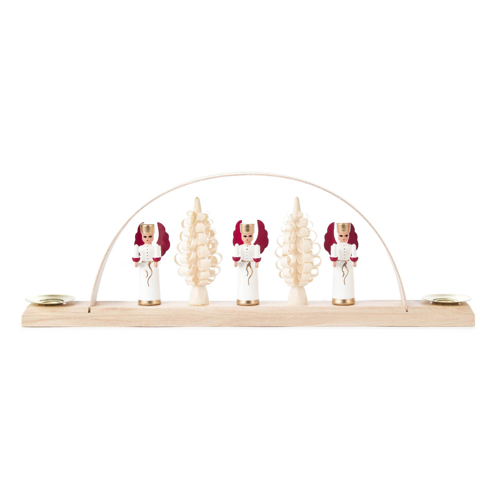 Holzschwibbogen mit einem Bogen, zwei Kerzenhaltern an den Enden für 10 mm Kerzen, drei Engelsfiguren und zwei dekorativen Bäumen. im Dregeno Online Shop günstig kaufen
