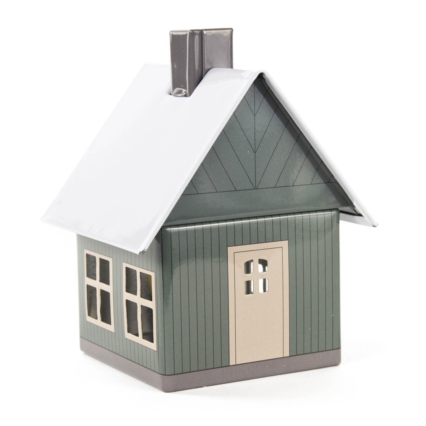 Grünes Räucherhaus aus Metall in Form eines Waldhauses mit weißem Dach und kleinen Fenstern. An der Vorderseite befindet sich eine Tür. im Dregeno Online Shop günstig kaufen