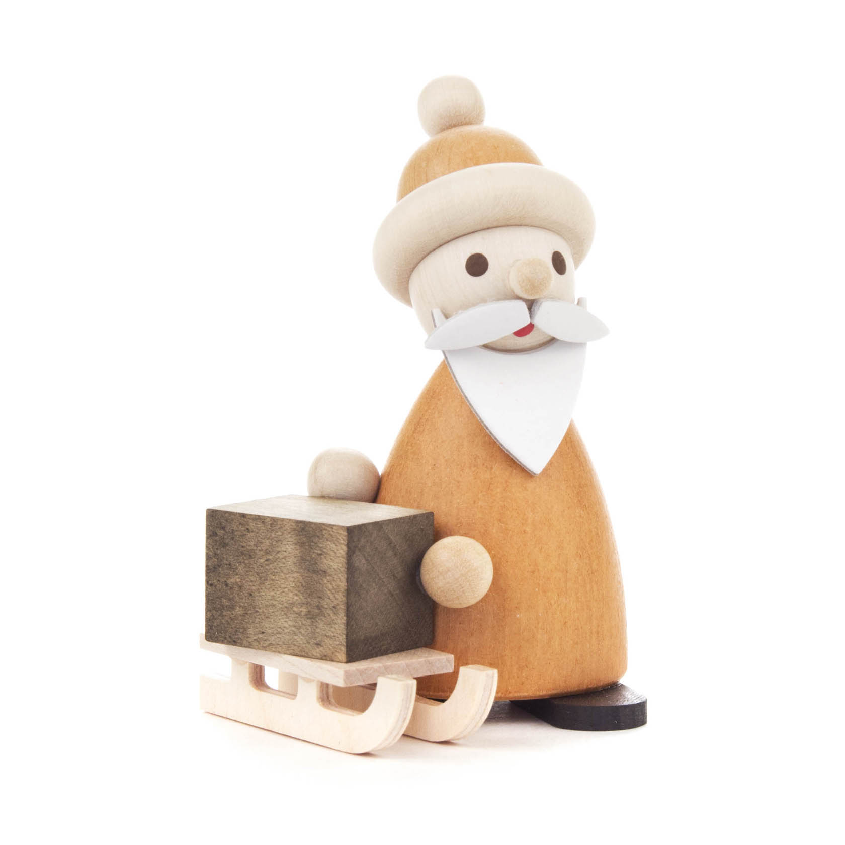 Holzfigur von Ruprecht in natürlicher Holzfarbe, mit weißem Bart und Mütze, hält einen Holzschlitten mit rechteckigem Paket. im Dregeno Online Shop günstig kaufen