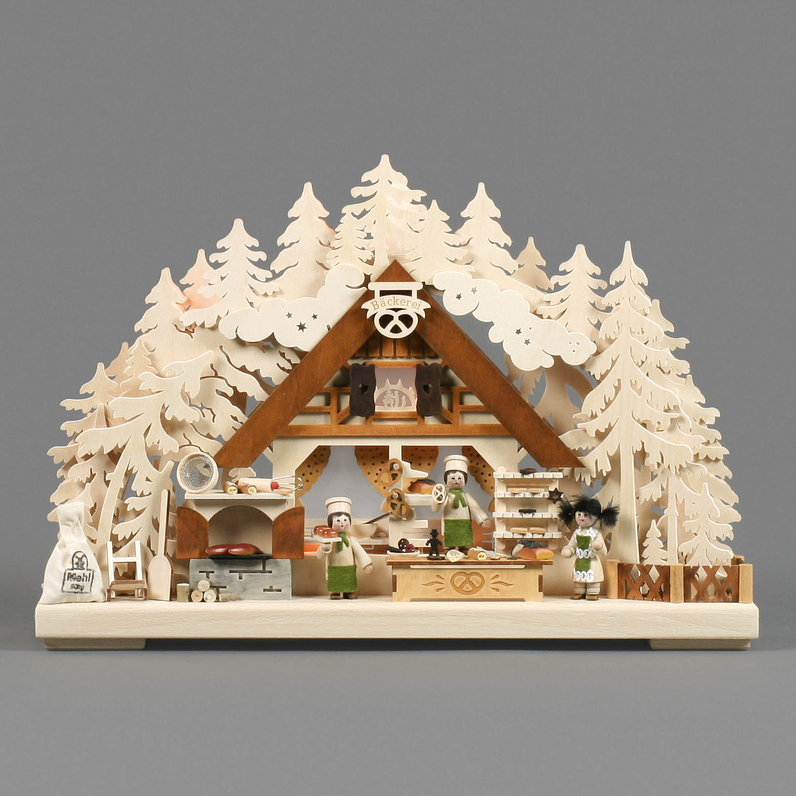 Ein kleiner Schwibbogen mit Bäckerei-Motiv, indirekt elektrisch beleuchtet. Er zeigt Bäckerfiguren, Öfen und Regale mit Brot in einer rustikalen Holzhütte.