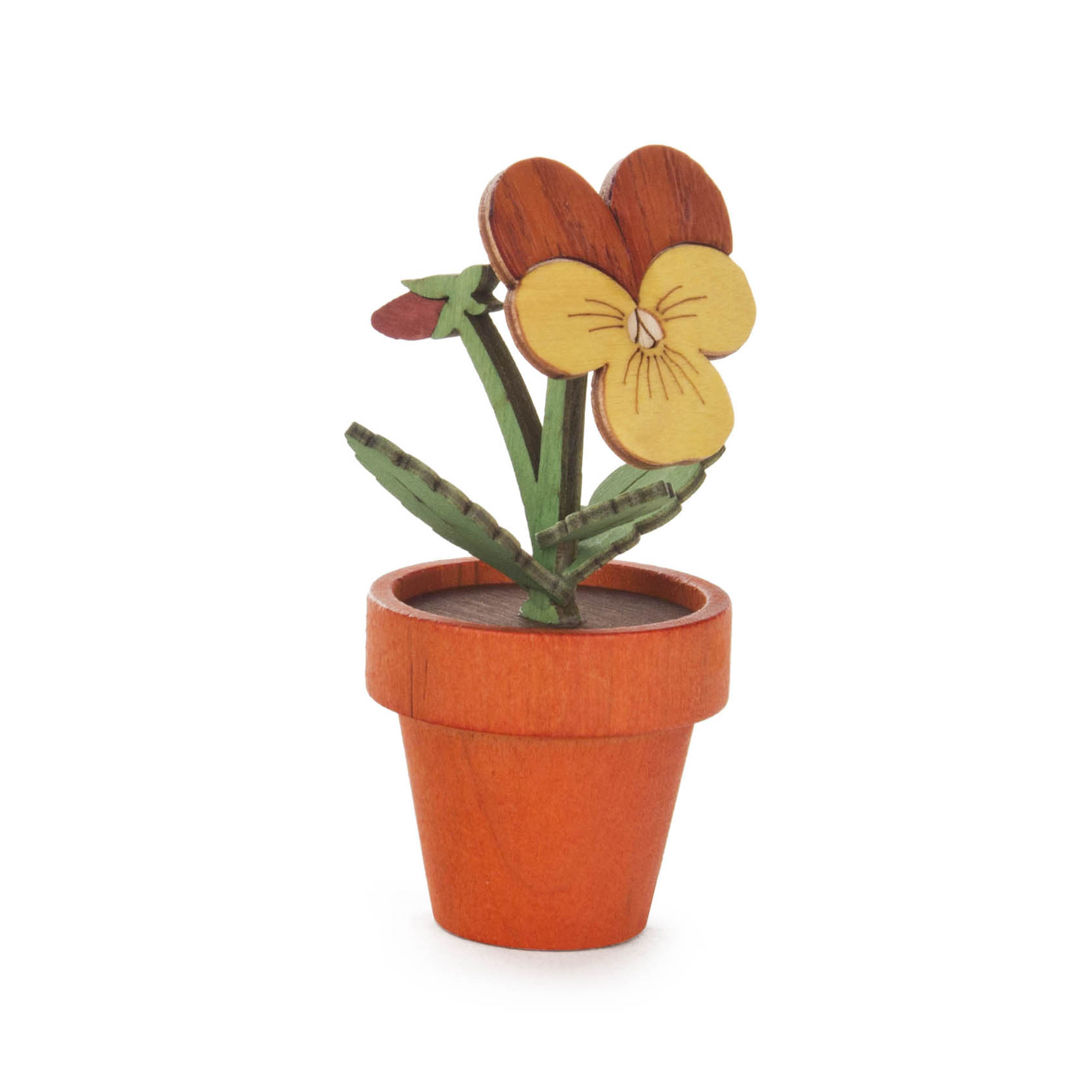 Große Holzfigur eines Stiefmütterchens in einem kleinen orangefarbenen Topf, mit einer gelben und braunen Blüte und grünen Blättern. im Dregeno Online Shop günstig kaufen