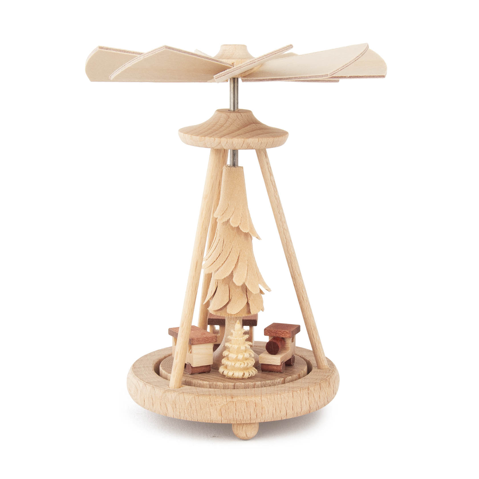 Holz-Wärmespiel mit einem Drehteller, einer Eisenbahn und einem Weihnachtsbaum, angetrieben durch ein sich drehendes Flügelrad. im Dregeno Online Shop günstig kaufen