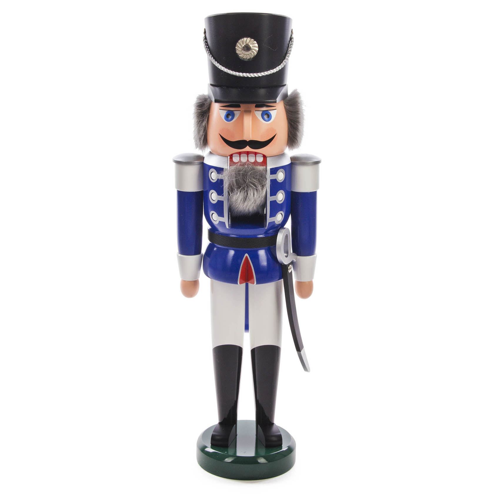 A 60 cm tall nutcracker figure dressed as a blue and white hussar with a black hat, beard, and sword at the side. im Dregeno Online Shop günstig kaufen