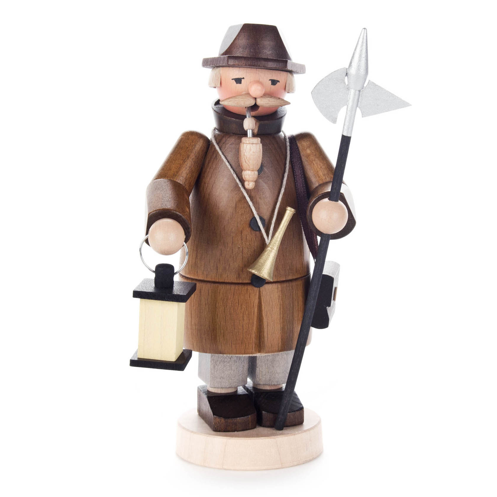 Traditioneller Räuchermann in Form eines Nachtwächters mit Laterne, Horn und Hellebarde. Der Figur trägt einen braunen Mantel und Hut, mit grauem Bart. im Dregeno Online Shop günstig kaufen