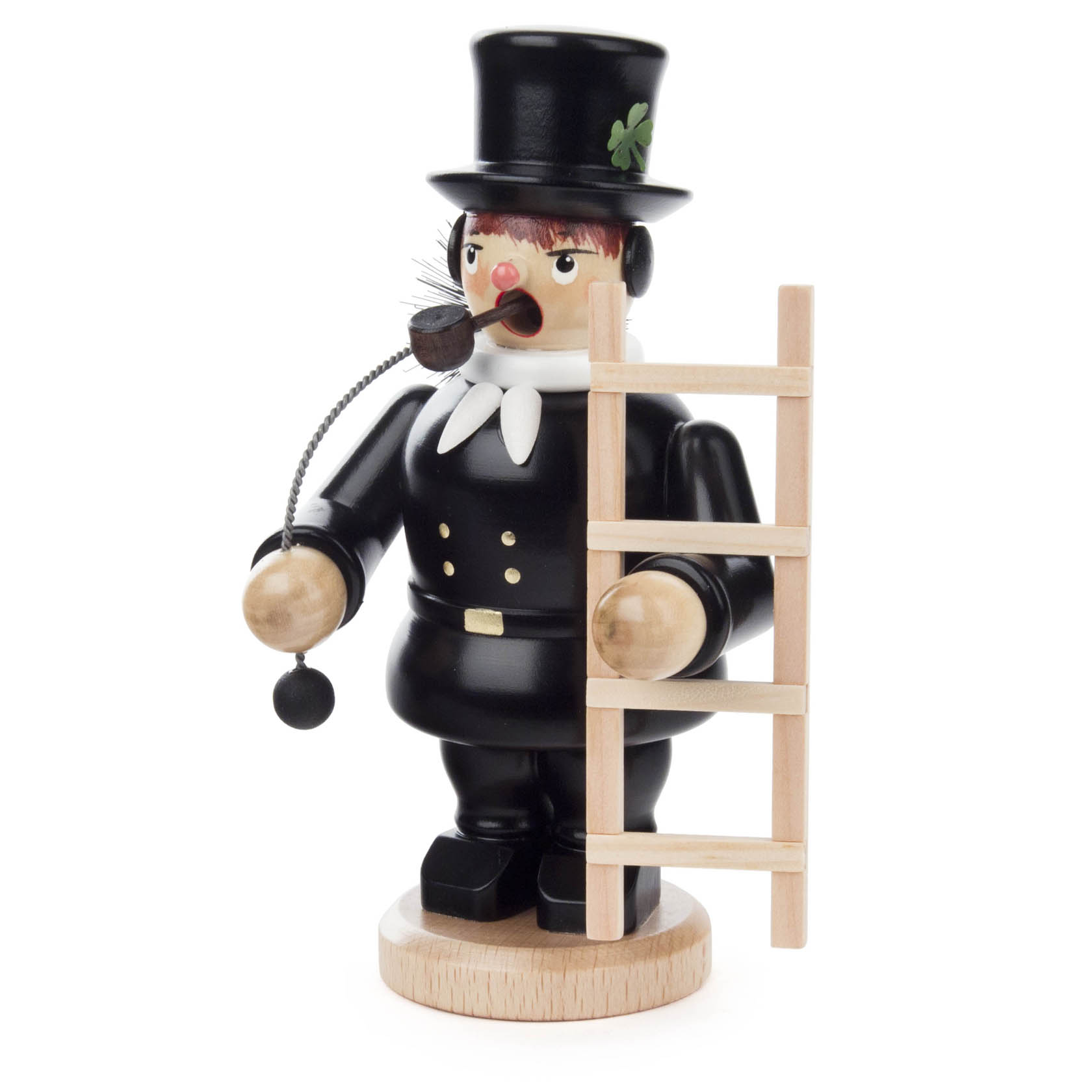 Holzfigur eines Mini-Räuchermanns als Schornsteinfeger mit schwarzem Anzug, Hut, Leiter in der Hand und einer Pfeife im Mund, die Rauch abgeben kann. im Dregeno Online Shop günstig kaufen