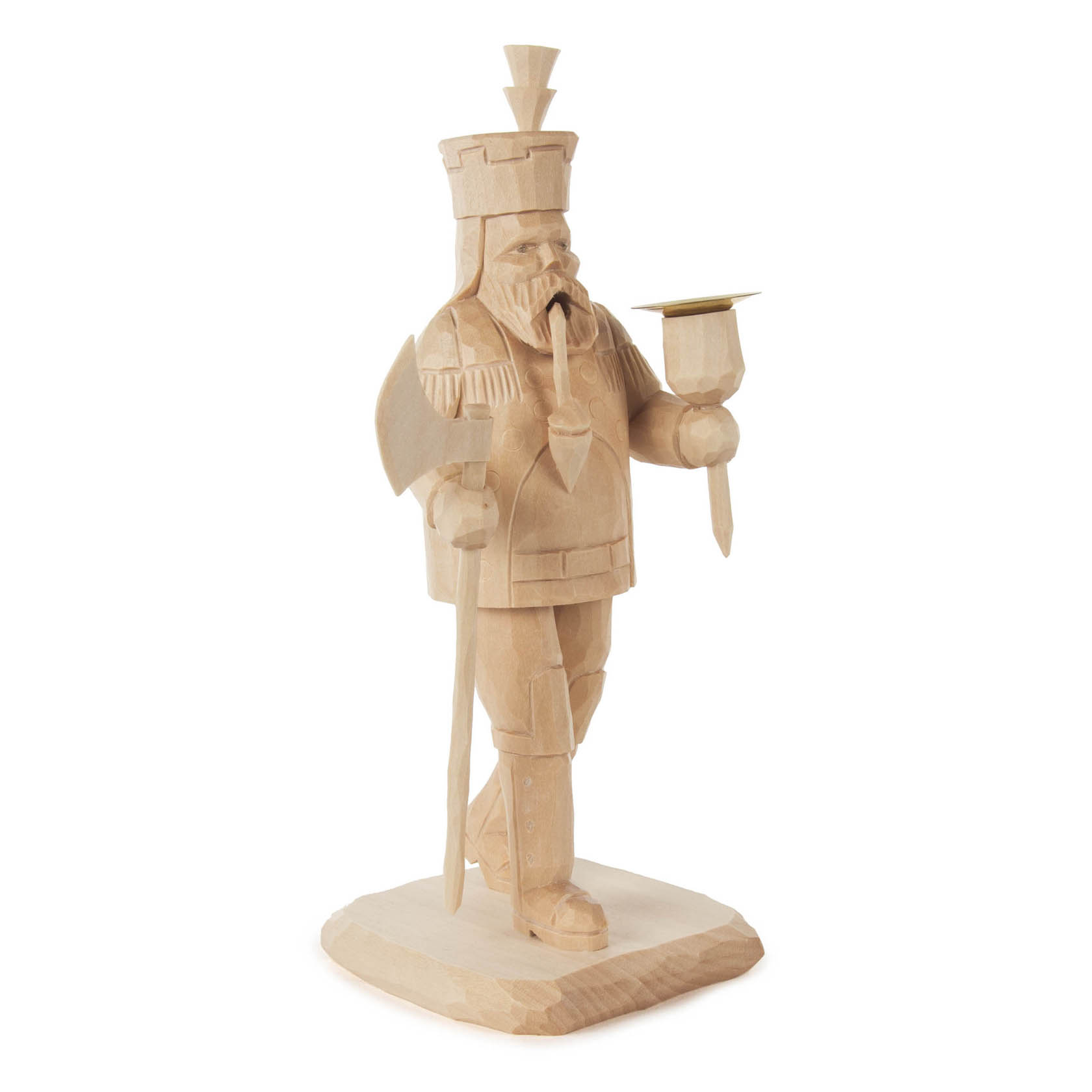 Handgeschnitzter Räuchermann in Form eines Bergmanns, mit typischem Helm und Laterne, aus hellbraunem Holz gefertigt. im Dregeno Online Shop günstig kaufen