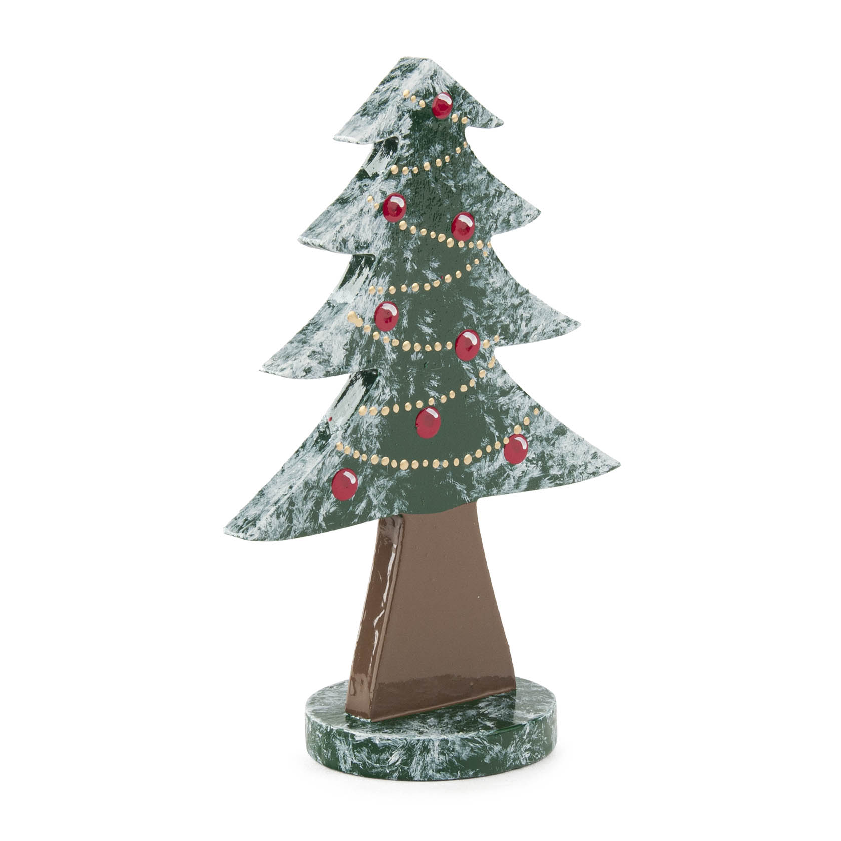 Flache, große, 10 cm hohe Weihnachtsbaumfigur aus Holz mit grüner Bemalung, roten Kugeln und heller Girlande auf rundem Fuß.