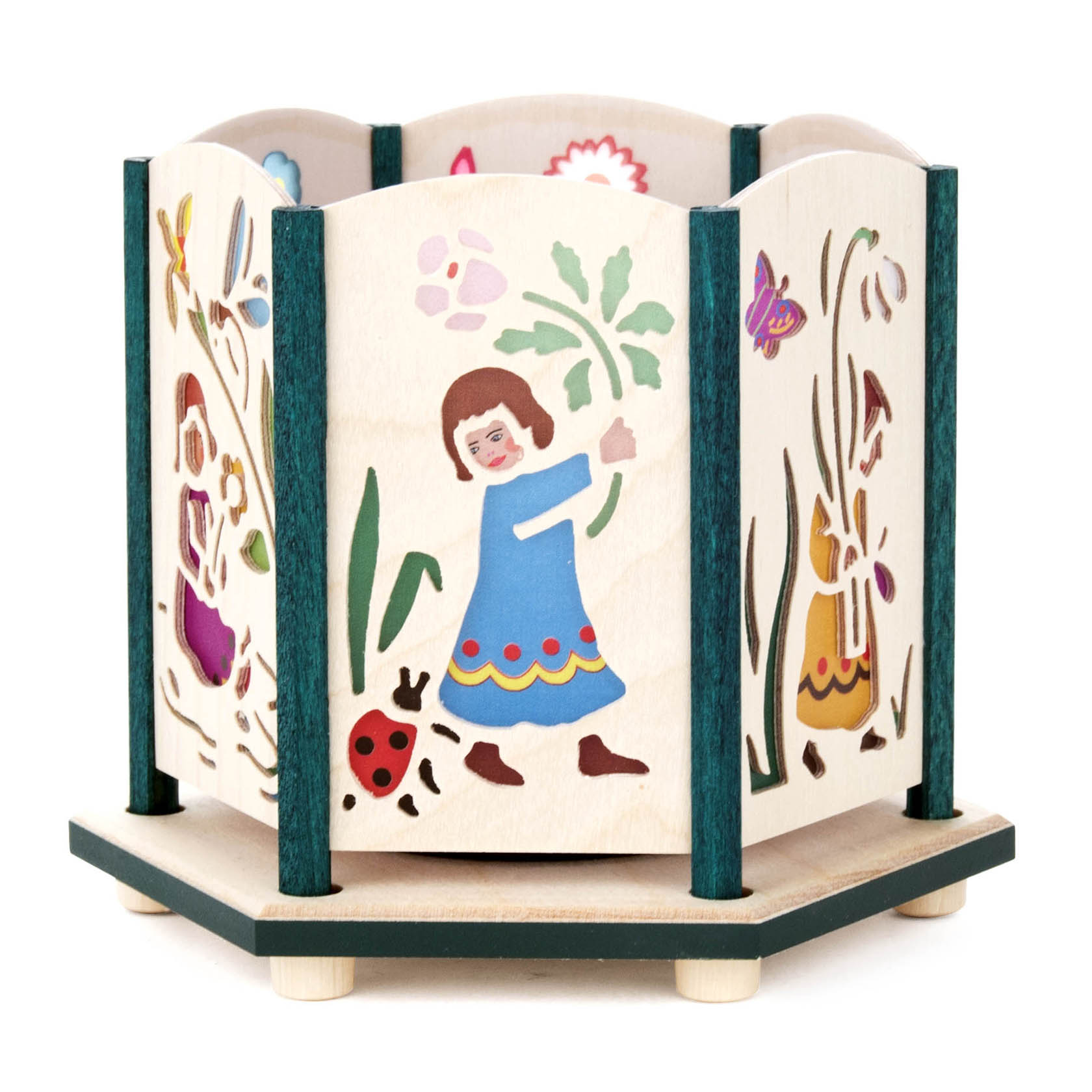 Holz-Teelichthalter mit Blumenkindermotiven, zeigt fröhliche Kinder, Blumen und einen Marienkäfer auf sechseckigem Design.