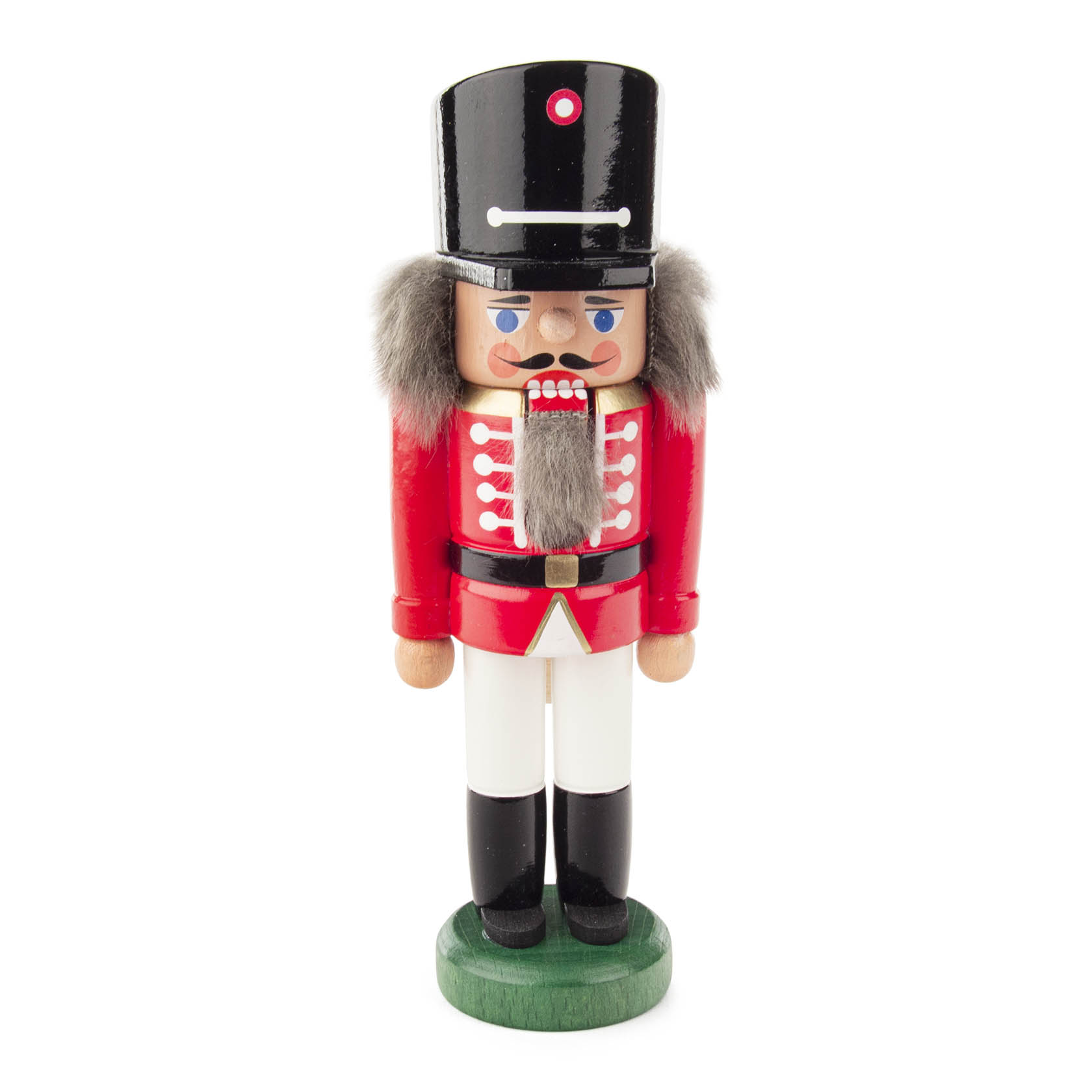 Nussknacker in Form eines Husaren, rot-weiße Uniform, schwarzer Hut, grauer Bart, 14 cm hoch. im Dregeno Online Shop günstig kaufen