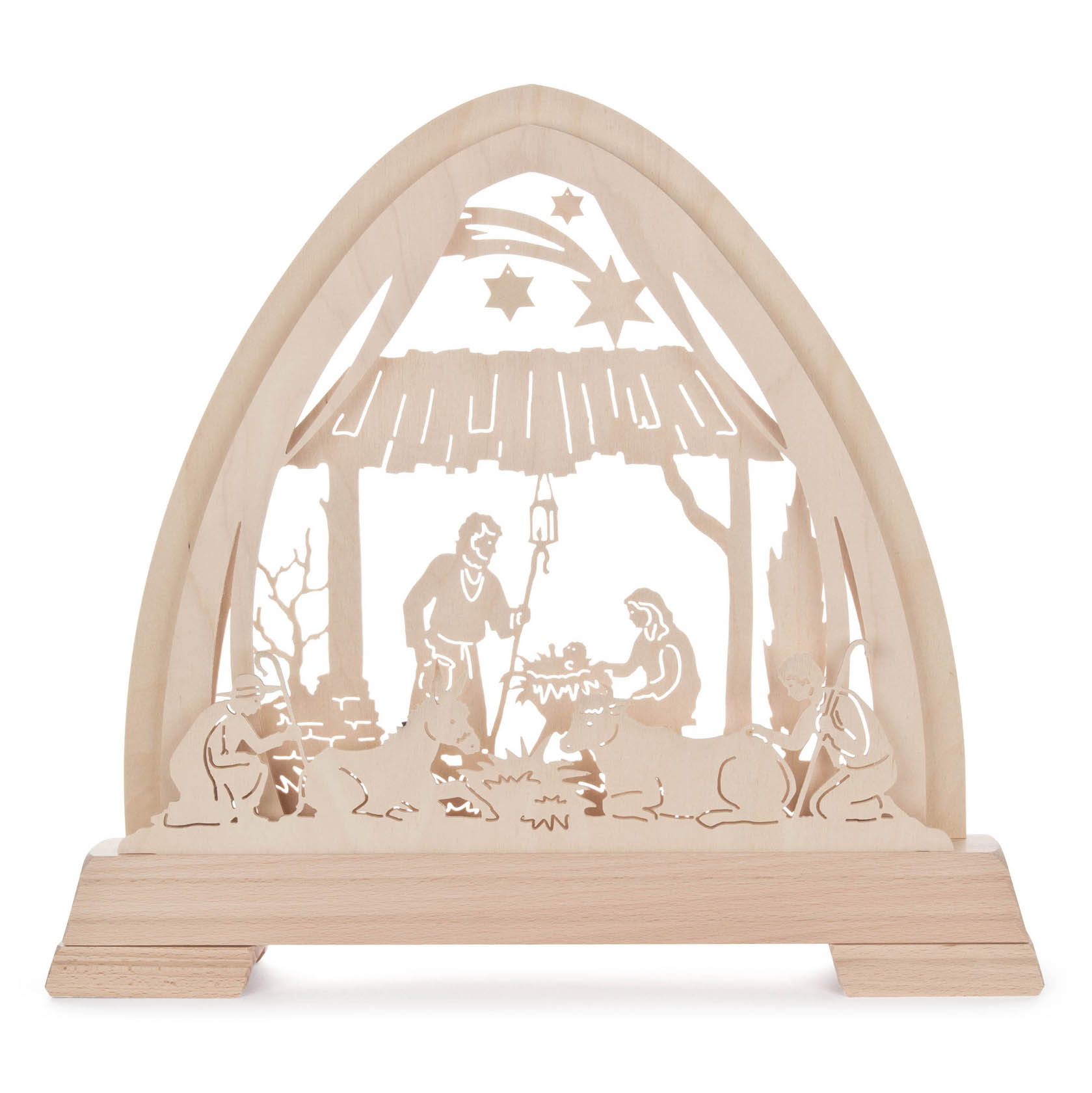 Holzbogen mit Weihnachtskrippe, Jesuskind, Maria, Josef und Tieren. LED beleuchtet, im gotischen Stil. im Dregeno Online Shop günstig kaufen
