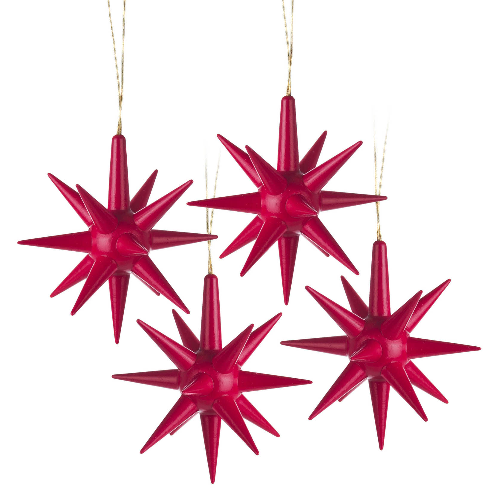 Vier rote, dreizehnzackige Weihnachtssterne mit goldenem Faden zur Aufhängung. im Dregeno Online Shop günstig kaufen