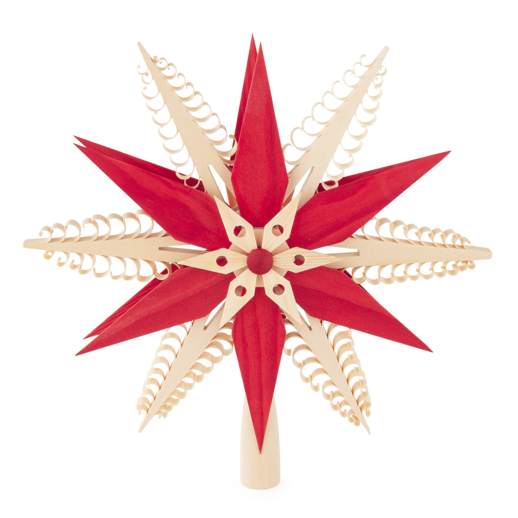 Ein roter und naturfarbener Spanstern als Christbaumspitze mit einem Durchmesser von 24 cm, bestehend aus spiralförmigen Holzelementen und spitzen Zacken. im Dregeno Online Shop günstig kaufen