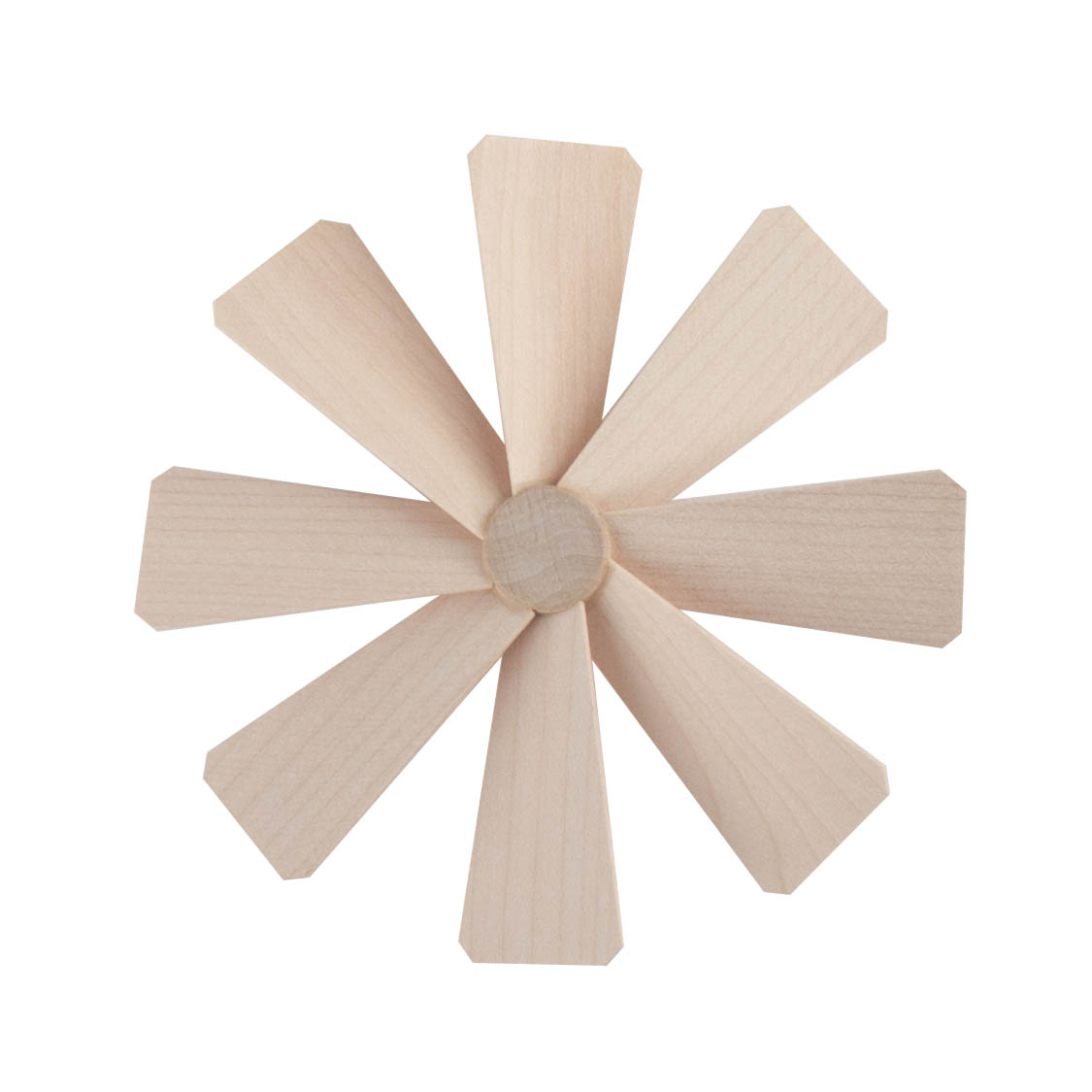 Ein Flügelrad mit acht gleichmäßig verteilten, hellen Holzflügeln, die sternförmig von einem zentralen Kreis ausgehen. im Dregeno Online Shop günstig kaufen