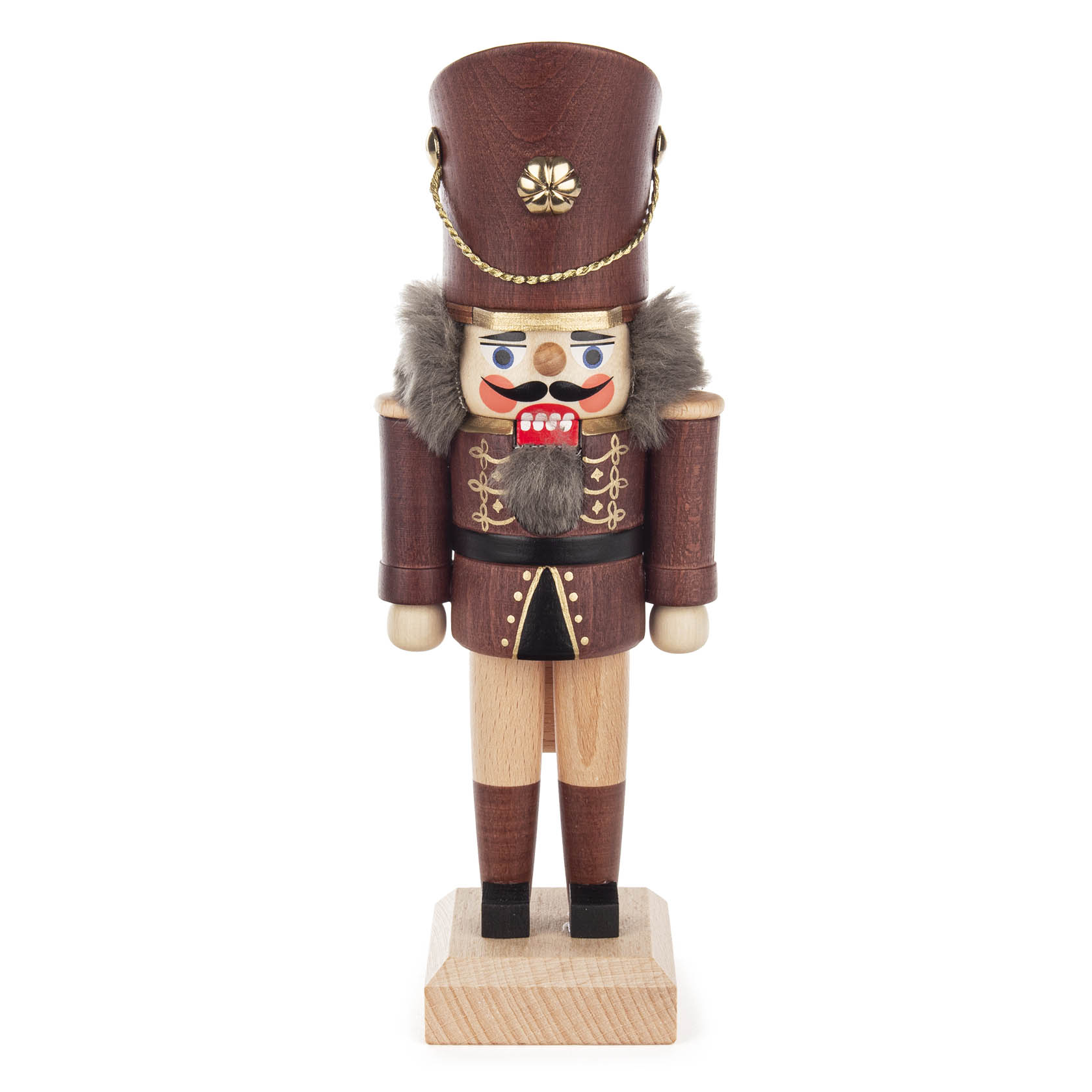 Ein braun lasierter Nussknacker in Form eines Soldaten, 20 cm groß, mit goldenen Details, rotem Mund und Pelzbesatz um die Schultern. im Dregeno Online Shop günstig kaufen