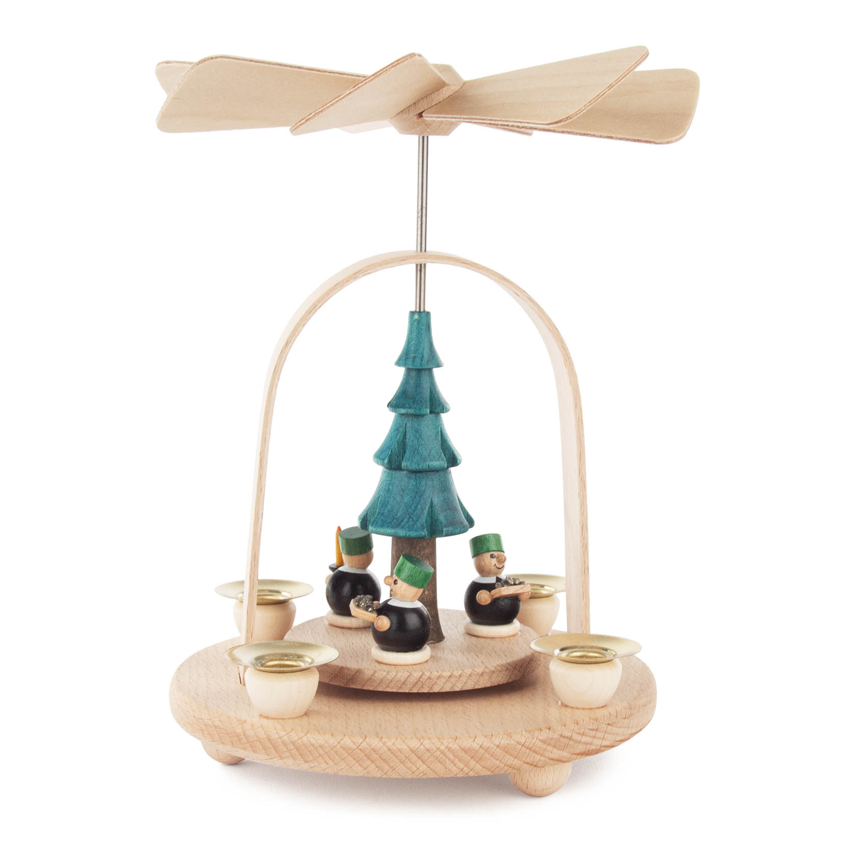 Holzpyramide mit sich drehenden Bergmännern um einen grünen Weihnachtsbaum, angetrieben durch Kerzenhalter für 10mm Kerzen. im Dregeno Online Shop günstig kaufen