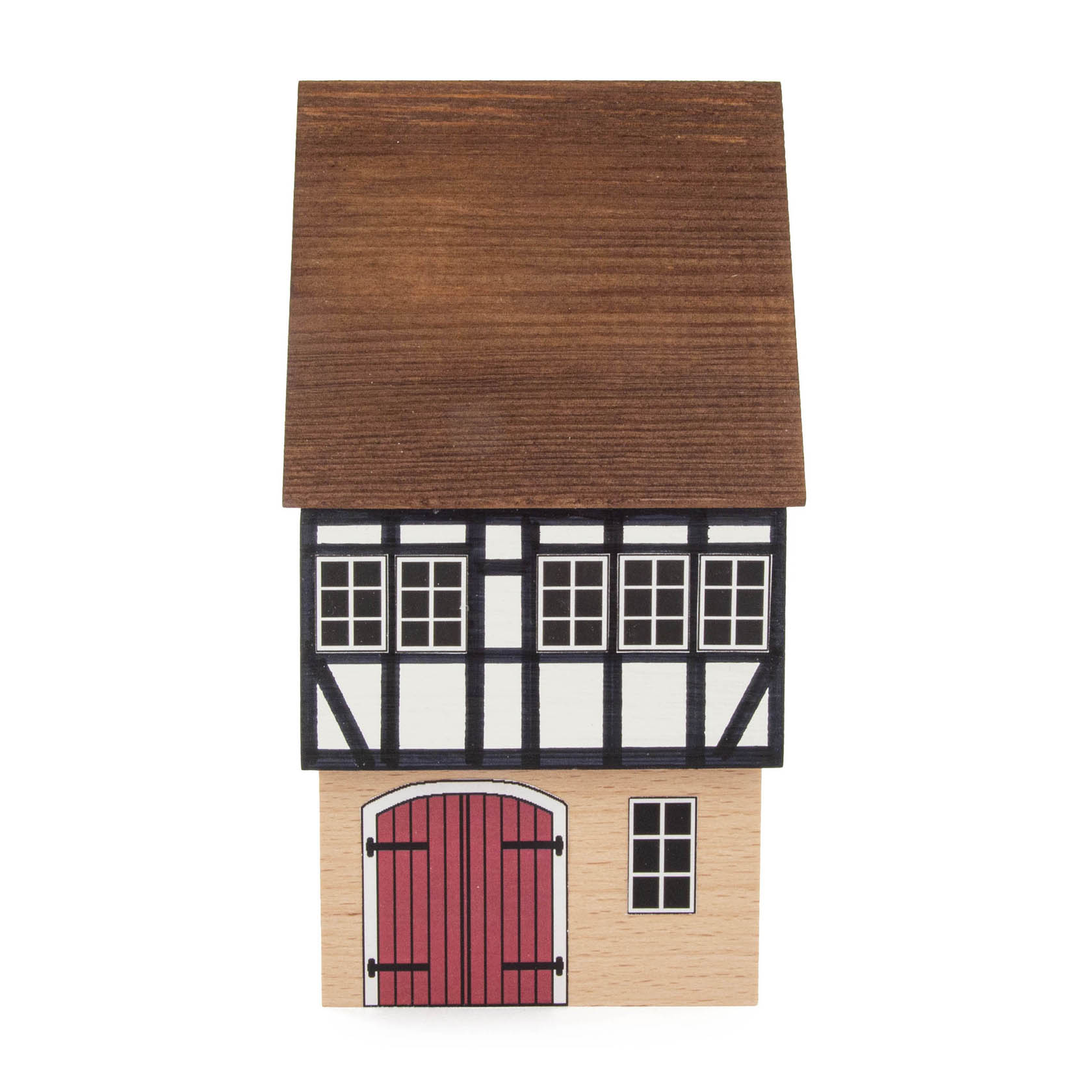 Ein Modell eines traditionellen Kaufmannshauses mit rotem Tor und Fachwerk im oberen Bereich. im Dregeno Online Shop günstig kaufen