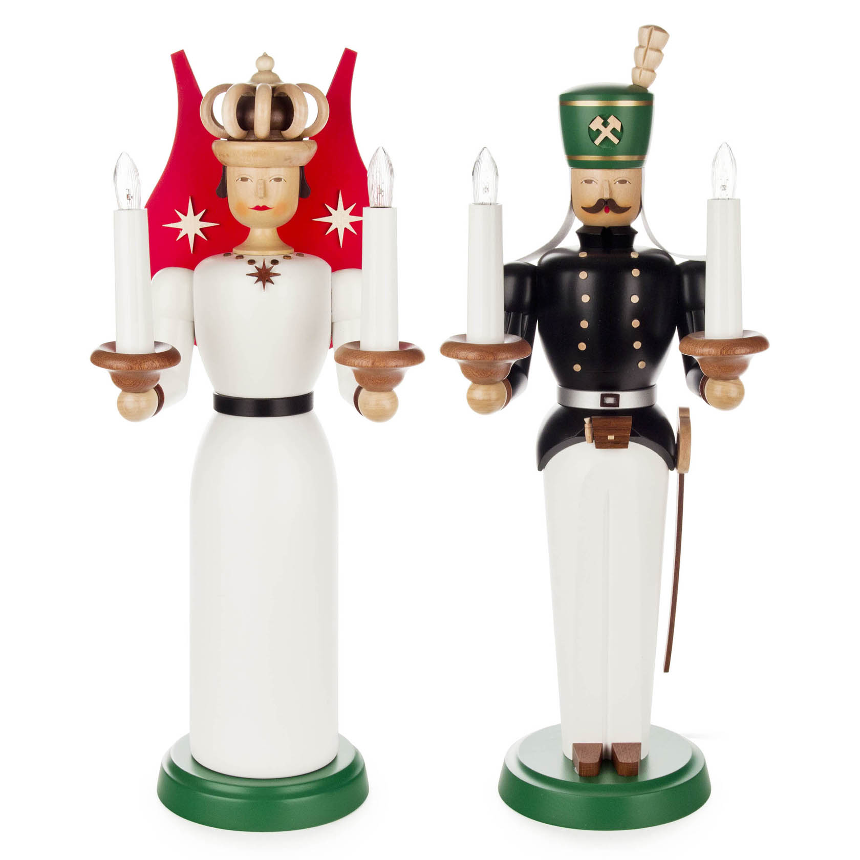 Zwei traditionelle Holzfiguren: links ein Engel in weißem Kleid mit Kerzen in den Händen, rechts ein Bergmann in Uniform, beide elektrisch beleuchtet. im Dregeno Online Shop günstig kaufen