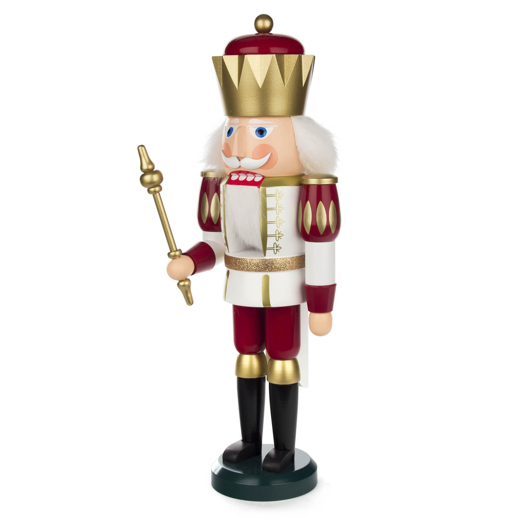 Ein traditioneller Nussknacker in Form eines Königs, 40 cm hoch, in Weiß und Rot mit goldenen Verzierungen und Krone.