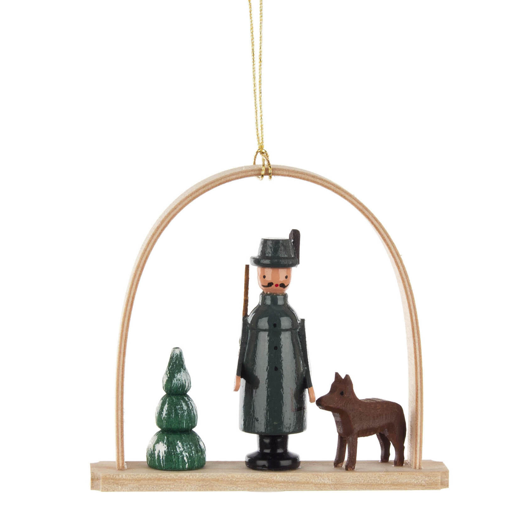Eine hölzerne Jägerfigur mit Gewehr, neben einem Tannenbaum und einem Reh, alles unter einem Holzbogengehänge. im Dregeno Online Shop günstig kaufen