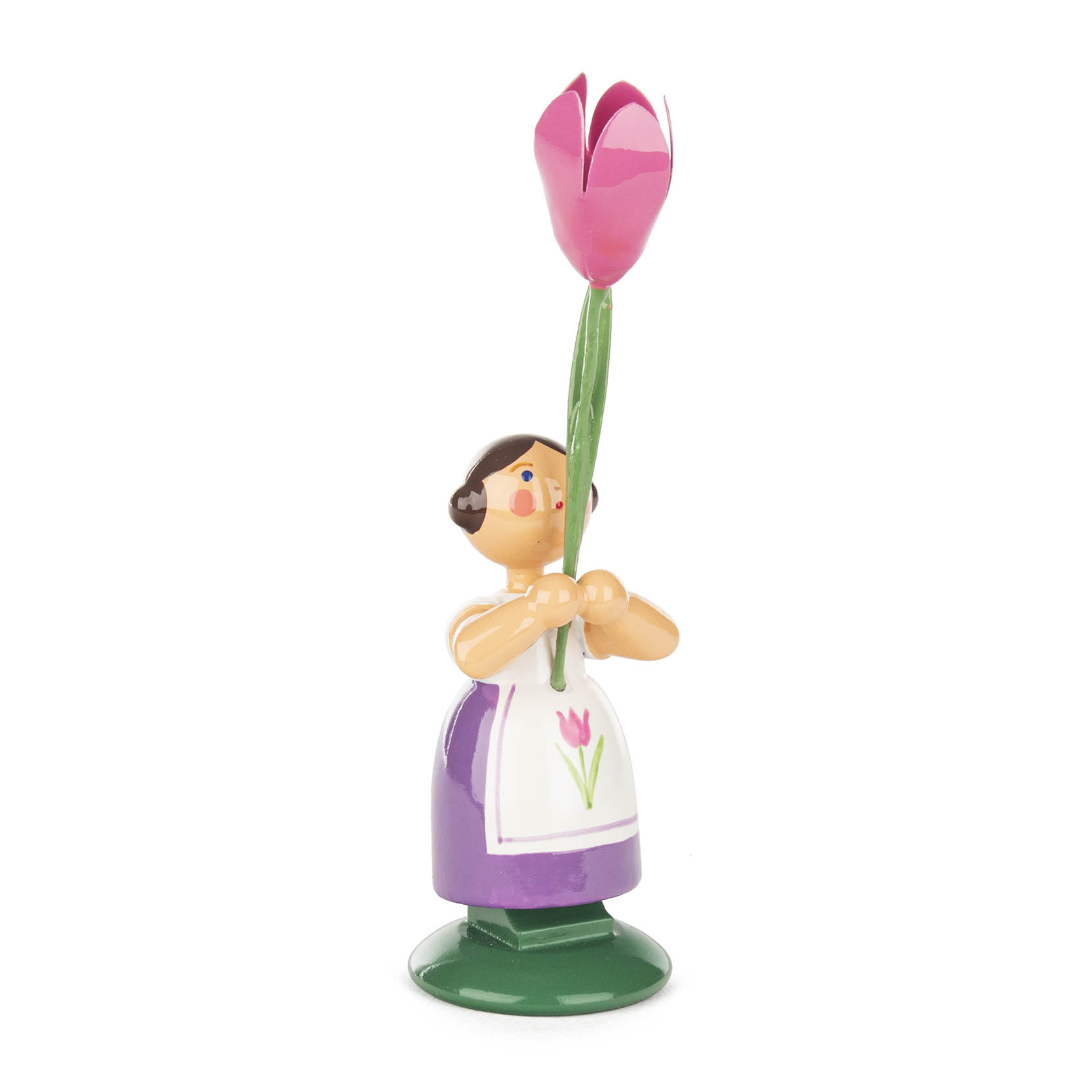 Holzfigur eines Blumenmädchens in lila Kleid mit rosa Tulpe in den Händen. im Dregeno Online Shop günstig kaufen