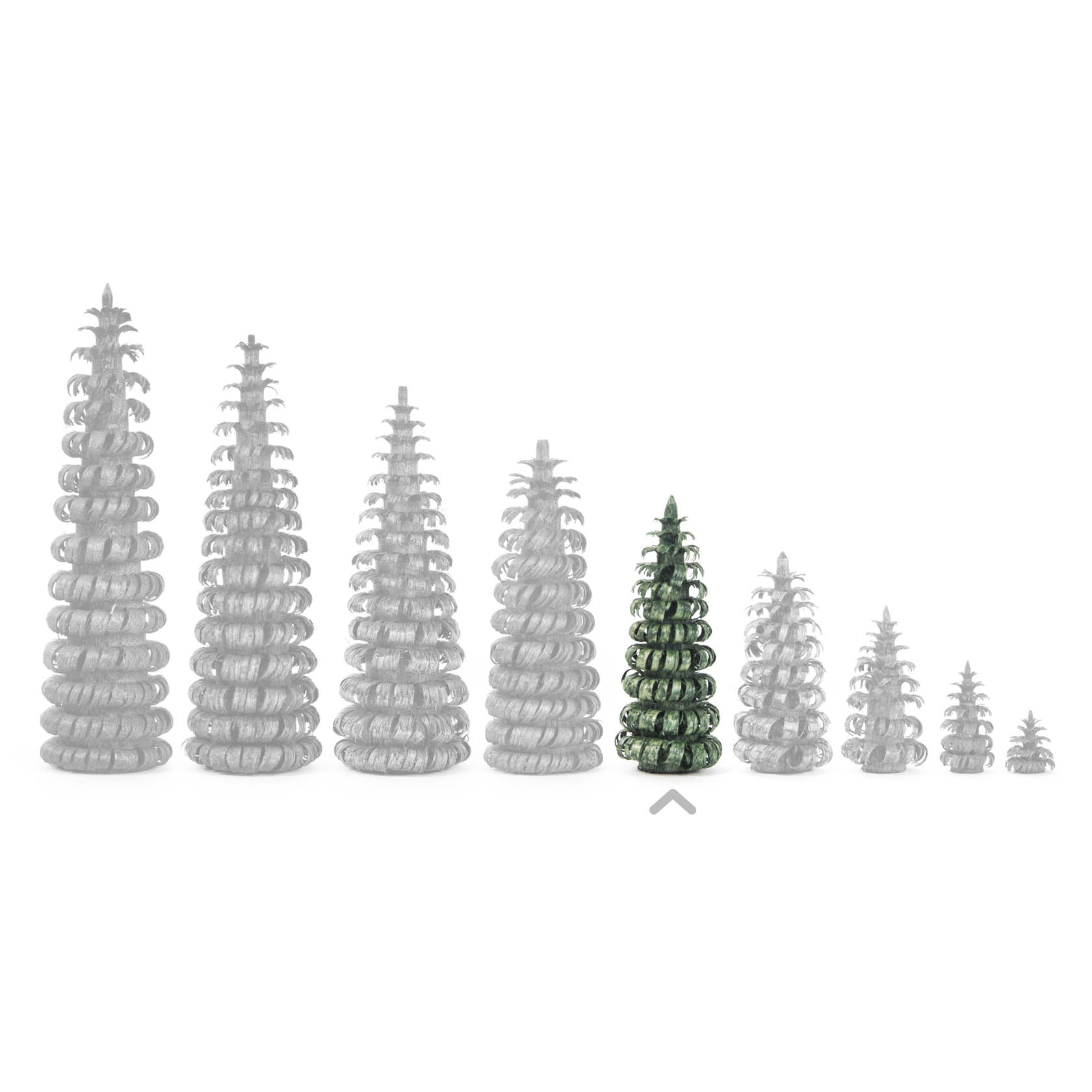 Grüner Ringelbaum von 5 cm Höhe, steht in einer Reihe von größeren durchsichtigen Ringelbäumen.