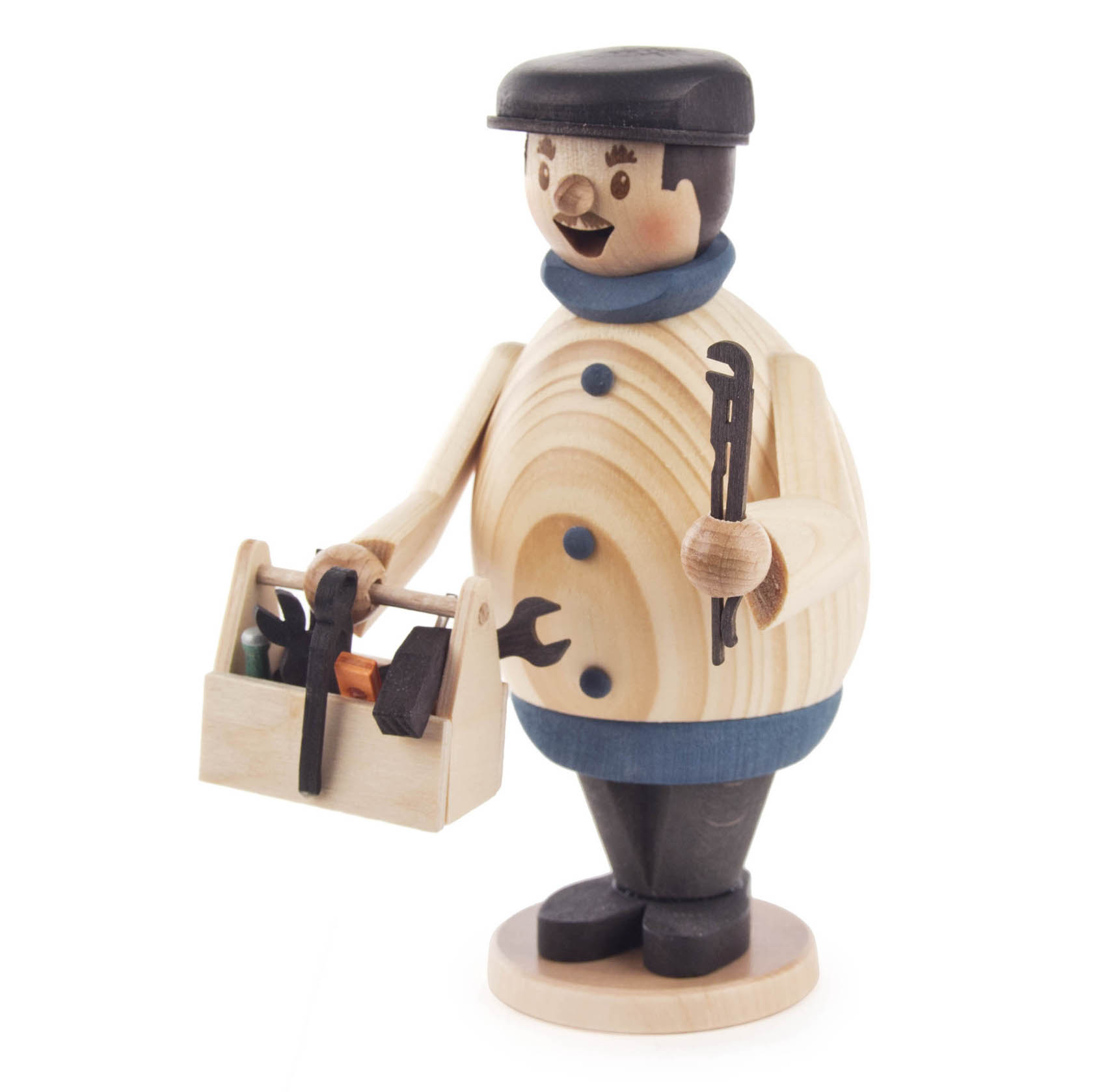 Wooden incense smoker figure in the shape of a male artisan wearing a black cap, holding a toolkit and a wrench, with a blue scarf. im Dregeno Online Shop günstig kaufen