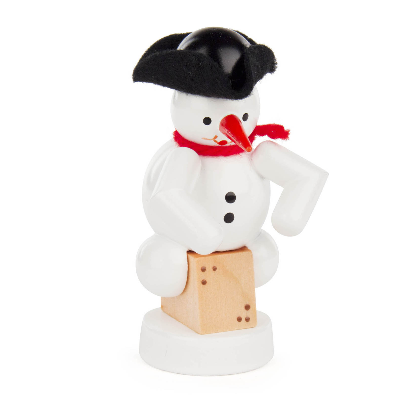 Ein Schneemann mit rotem Schal und schwarzem Hut sitzt auf einer Cajón-Trommel und lächelt freundlich. im Dregeno Online Shop günstig kaufen