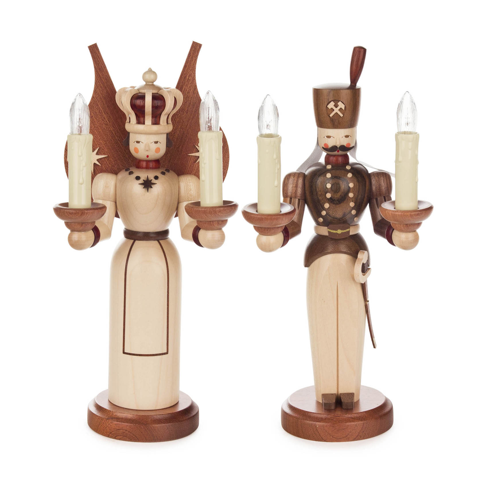 Holzfiguren Engel und Bergmann mit elektrischen Leuchten in den Händen. Der Engel trägt eine Krone und Flügel, der Bergmann hat eine Bergmannsuniform. im Dregeno Online Shop günstig kaufen