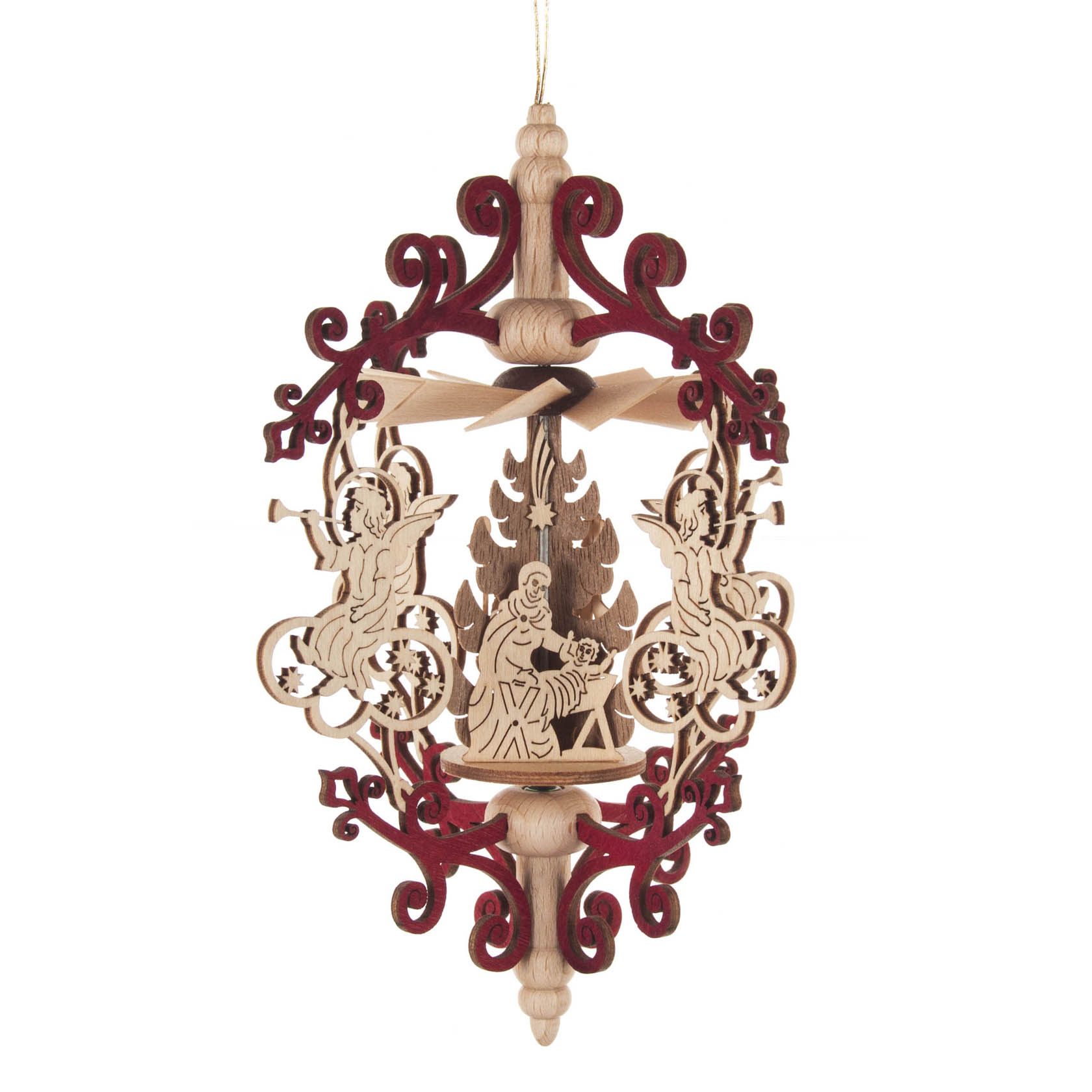 Hängendes Wärmespiel 'Rollspan' mit einer Darstellung von Engel mit Posaune und Christi Geburt, umgeben von roten, geschwungenen Ornamenten. im Dregeno Online Shop günstig kaufen