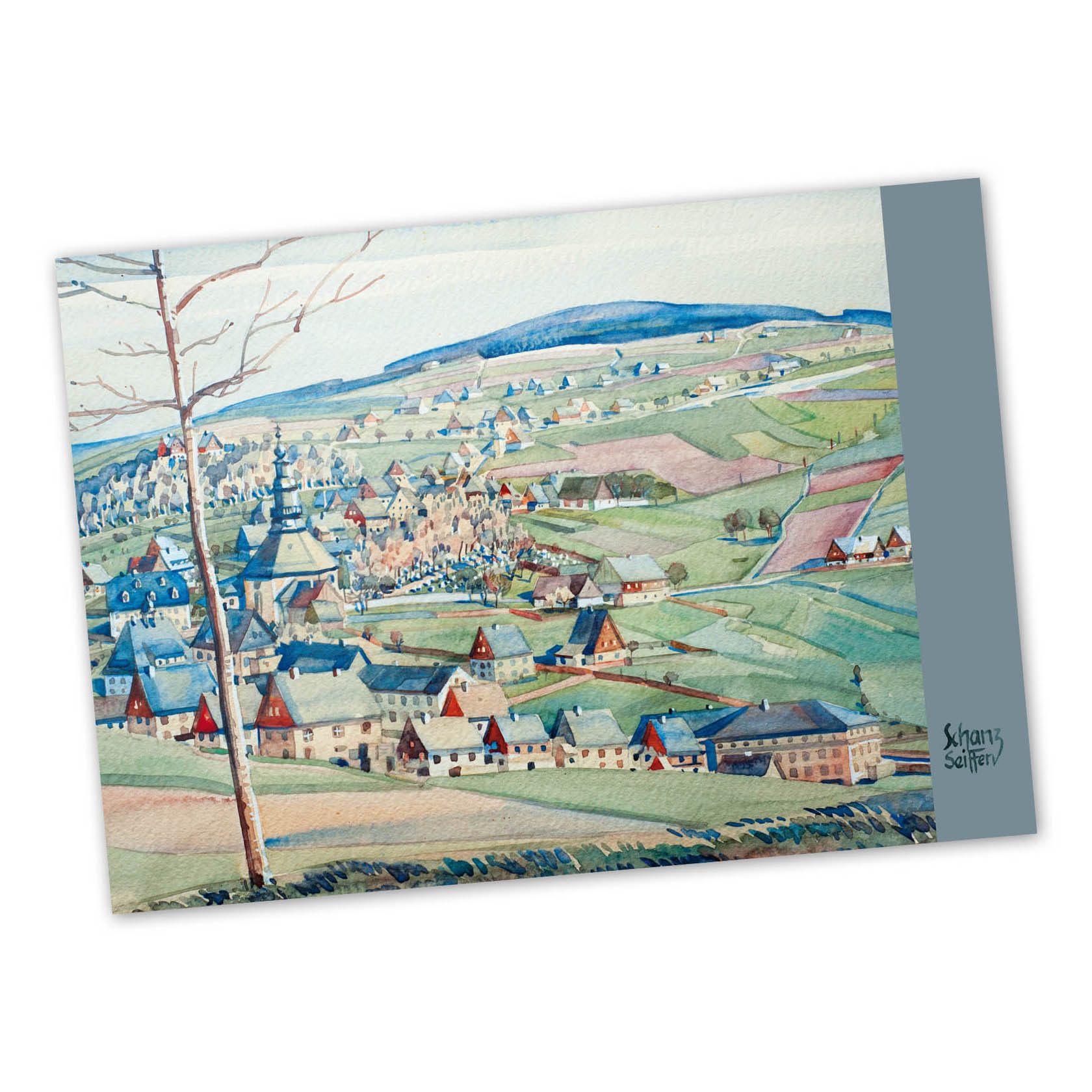 A picturesque village nestled in a mountainous autumn landscape, with quaint houses and a church, artistically depicted by Max Schanz. im Dregeno Online Shop günstig kaufen