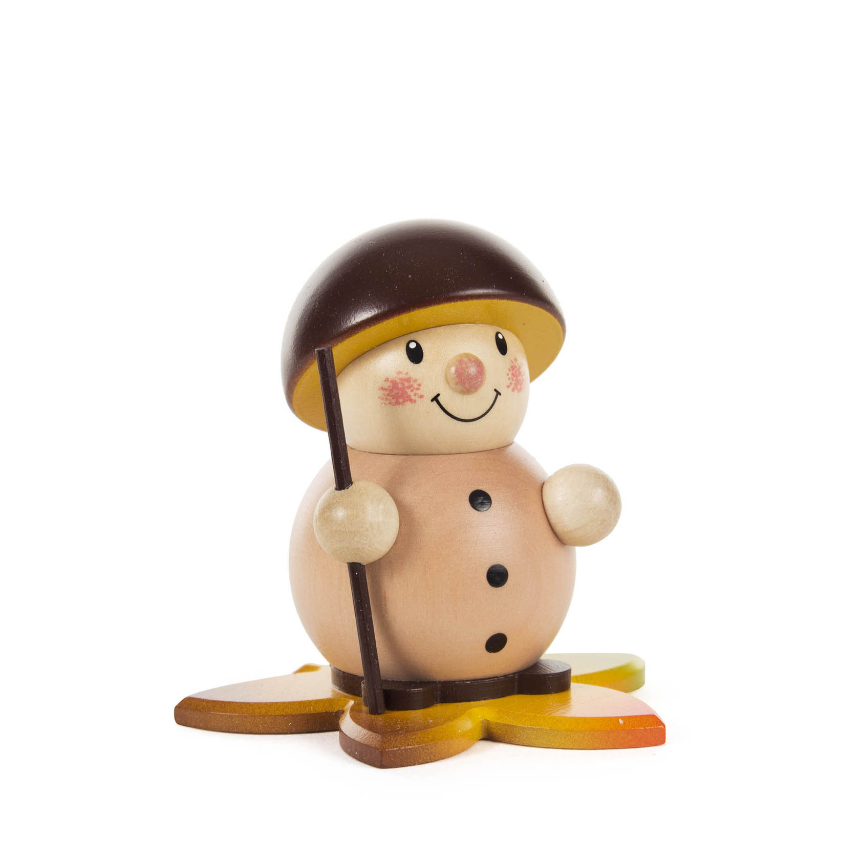 Holzfigur eines fröhlich lächelnden Männchens mit brauner Kappe und Stock, steht auf einem sternförmigen, bunten Sockel, verwendet als Dekoration für Vario-Leuchter. im Dregeno Online Shop günstig kaufen