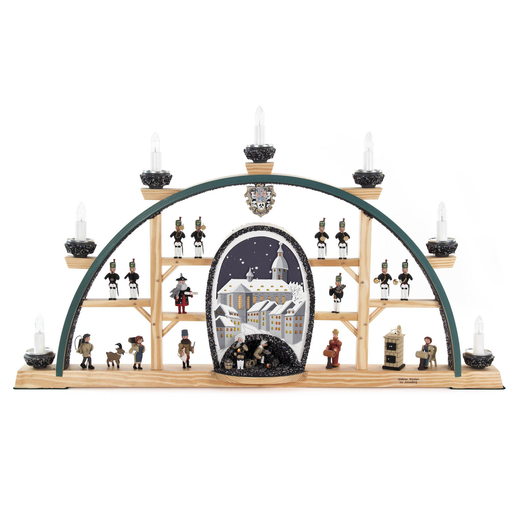 Schwibbogen mit Annaberger Kirche, Bergwerk-Szene, erzgebirgischen Figuren und elektrischer Beleuchtung. im Dregeno Online Shop günstig kaufen