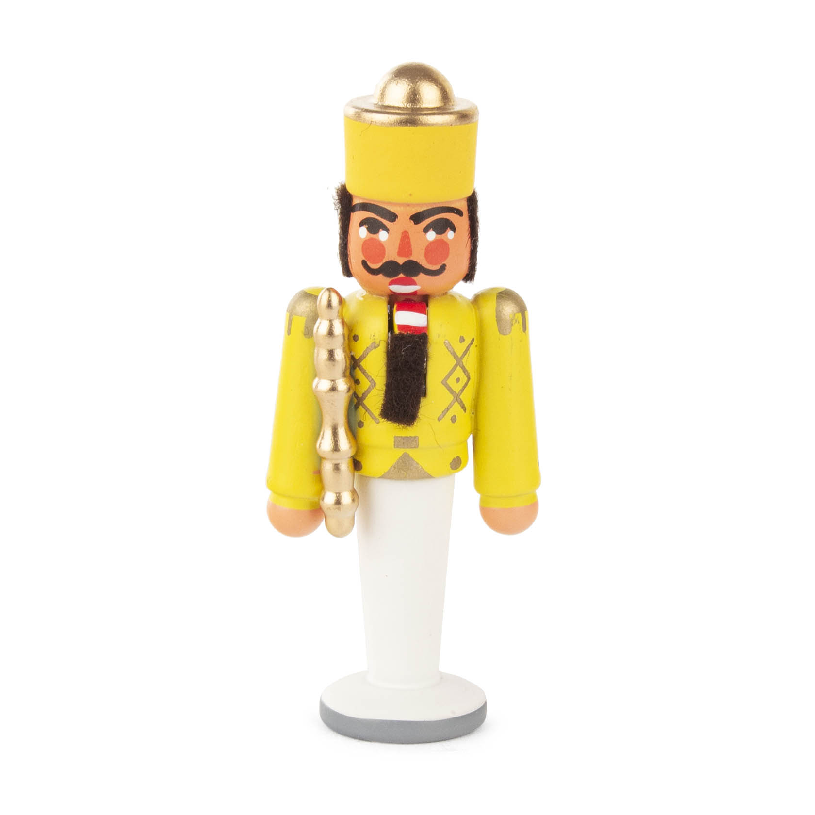 Miniatur-Nussknacker in Form eines Königs mit gelber Uniform und goldenem Stab, schwarzer Schnurrbart und Hut. im Dregeno Online Shop günstig kaufen