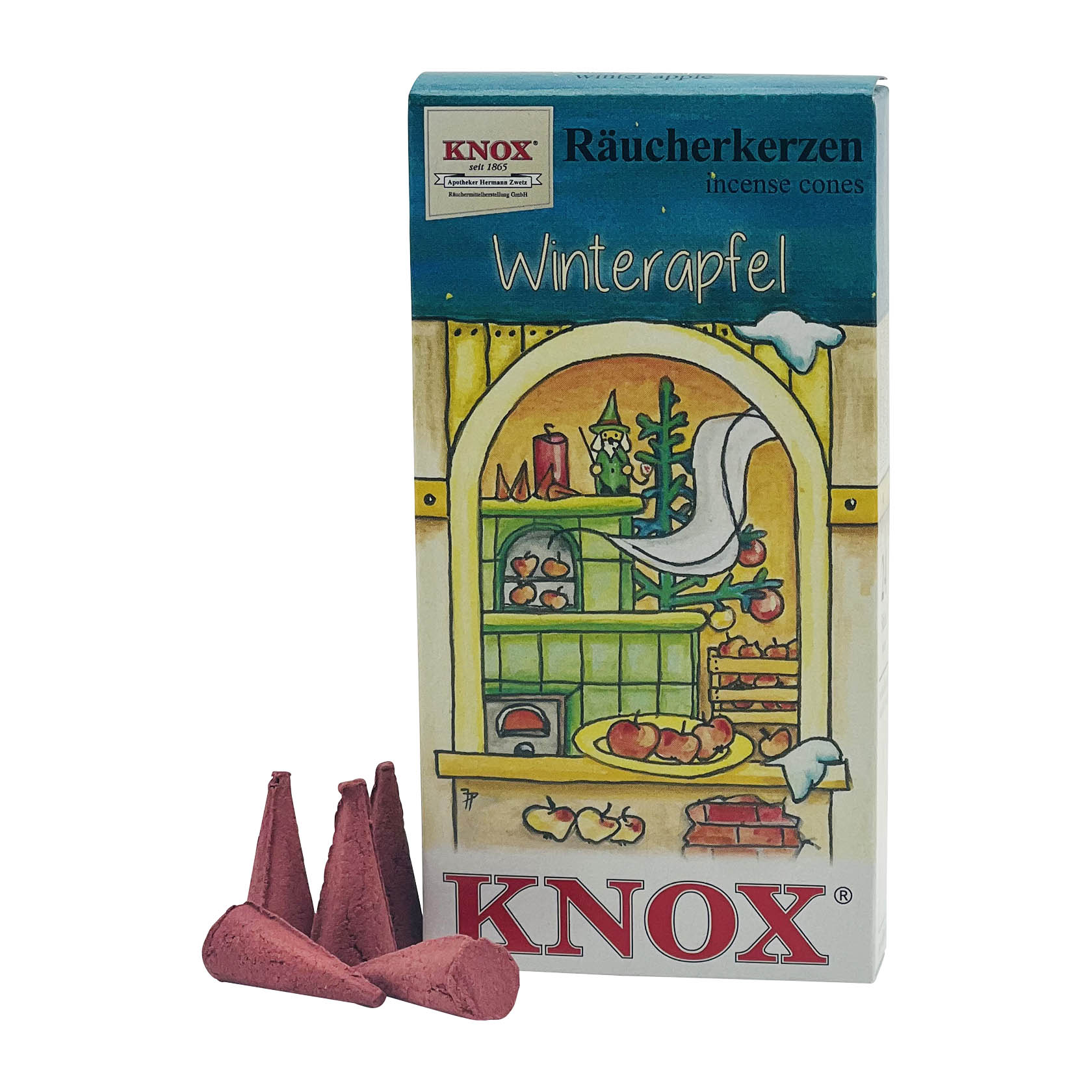 Eine Packung KNOX Räucherkerzen mit dem Aufdruck 'Winterapfel' und drei rote Räucherkerzenkegel, von denen einer leicht raucht. im Dregeno Online Shop günstig kaufen