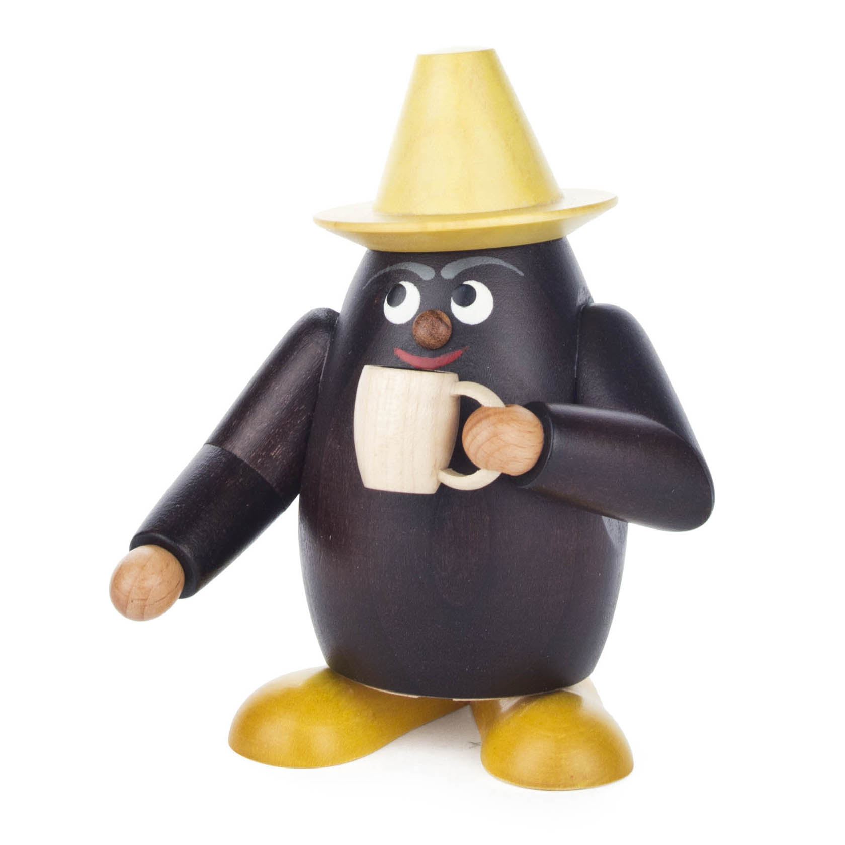 Holz-Räucherfigur in Form einer Kaffeebohne mit gelbem Hut, hält eine weiße Tasse in der Hand, verziert mit Gesichtszügen und gelben Schuhen. im Dregeno Online Shop günstig kaufen