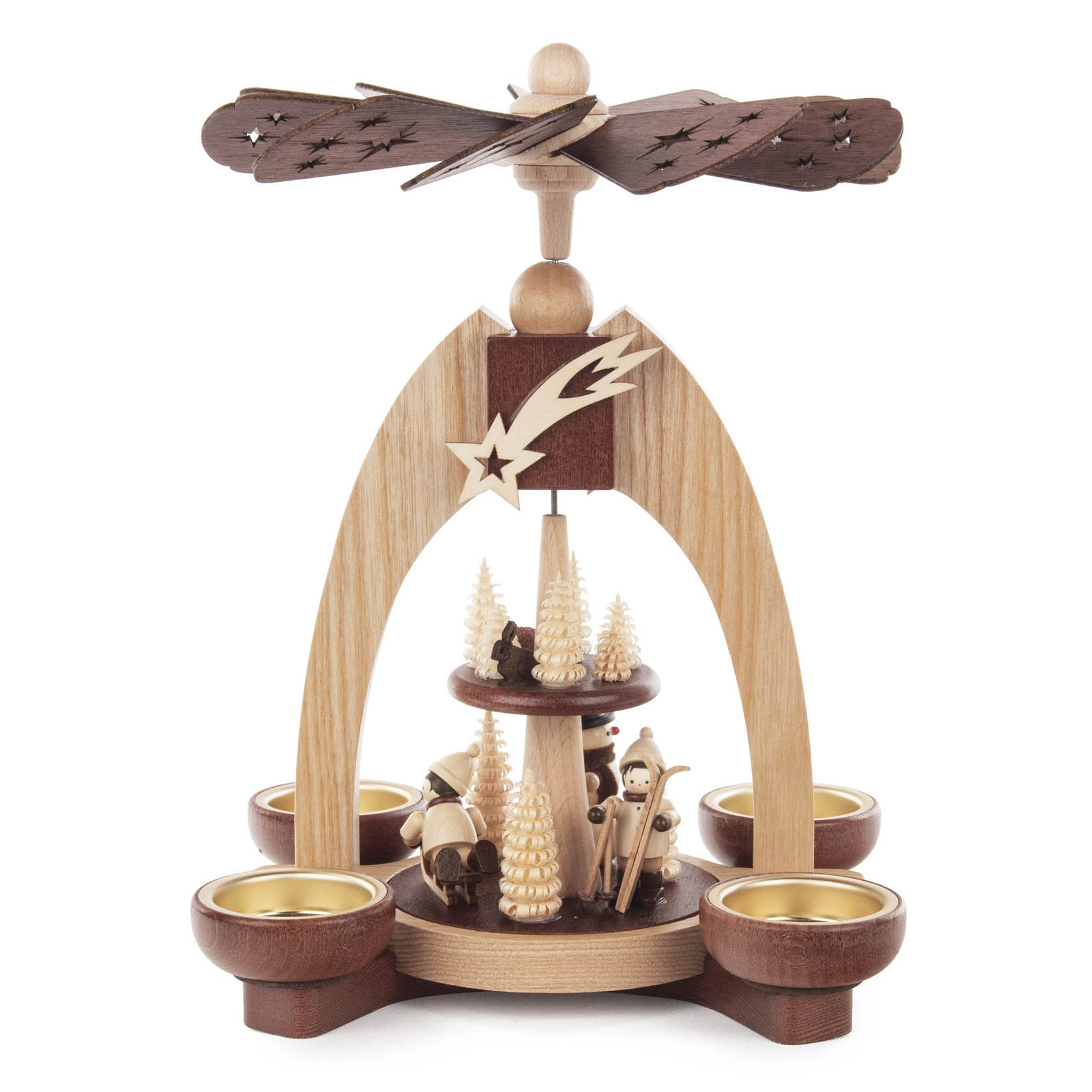 Natürliche, zweistöckige Weihnachtspyramide mit Winterkindern, Teelichthaltern und einem Holzpropeller an der Spitze. im Dregeno Online Shop günstig kaufen