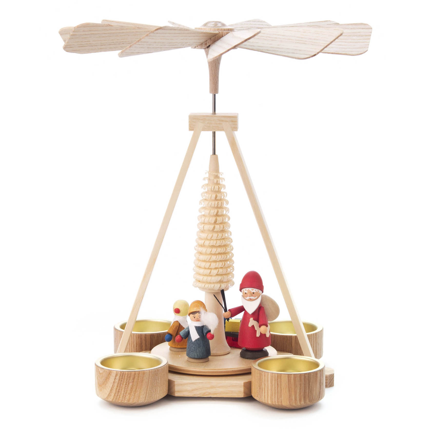 Holzpyramide mit vier Teelichthaltern, dekoriert mit einer Figur von Ruprecht, einem Kinderpaar und einem Baum in der Mitte. im Dregeno Online Shop günstig kaufen