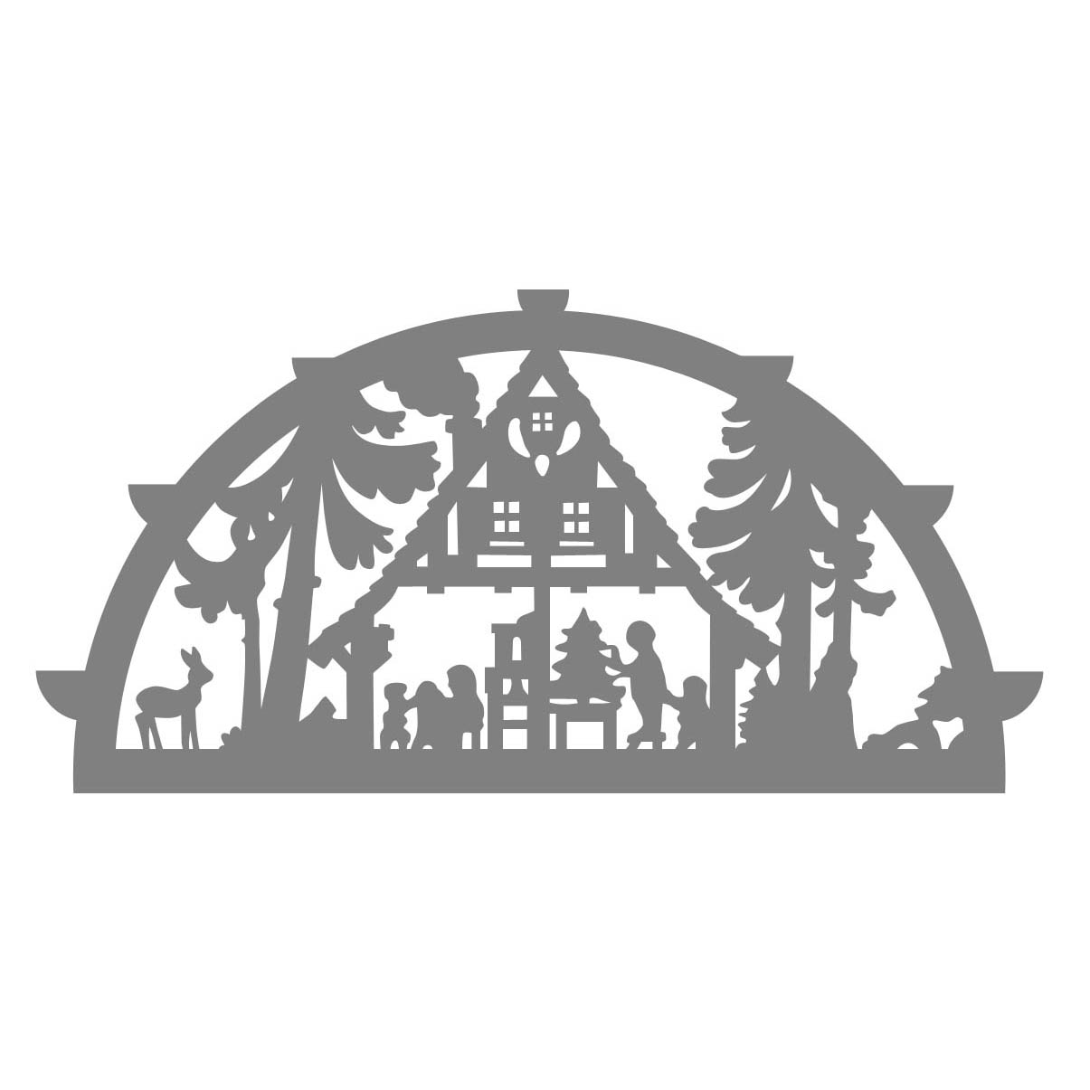 Laubsägevorlage für ein Waldhaus-Motiv mit sieben Kerzenplätzen, zeigt ein Häuschen umgeben von Bäumen, Rehen und einem Kind mit Tieren. im Dregeno Online Shop günstig kaufen
