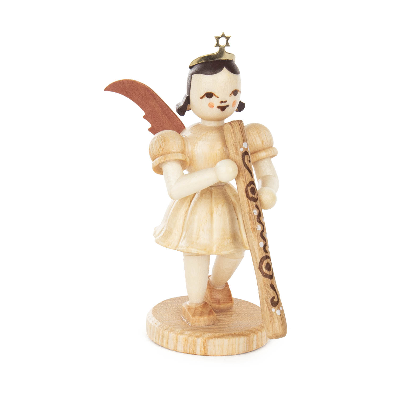 Holzfigur eines Engels mit dunklen Flügeln und Haarschleife, hält ein Didgeridoo in der Hand und steht auf einem runden Sockel. im Dregeno Online Shop günstig kaufen