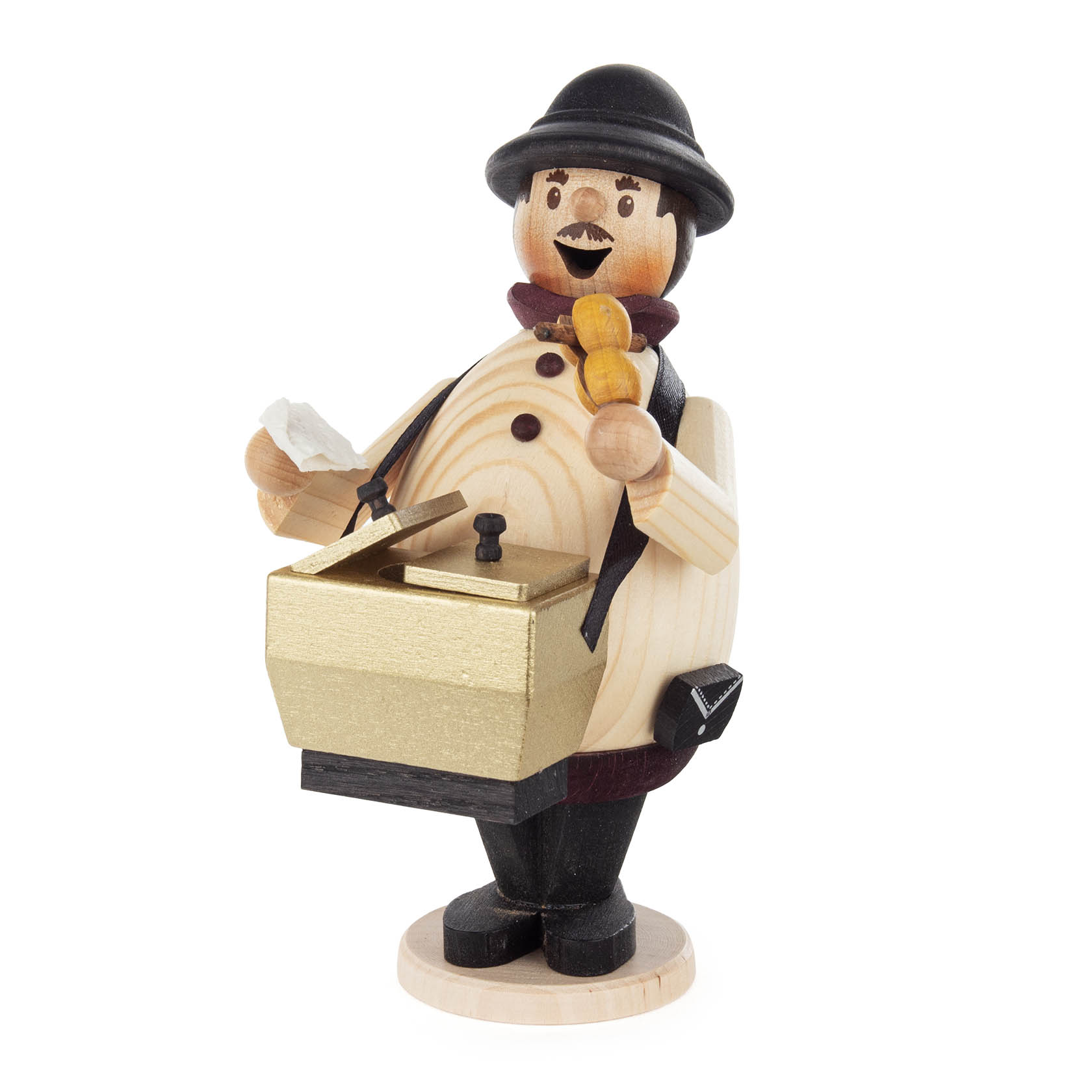 Holzfigur eines bärtigen Mannes, der eine Bockwurst in der Hand hält und einen Bauchladen vor sich trägt. im Dregeno Online Shop günstig kaufen