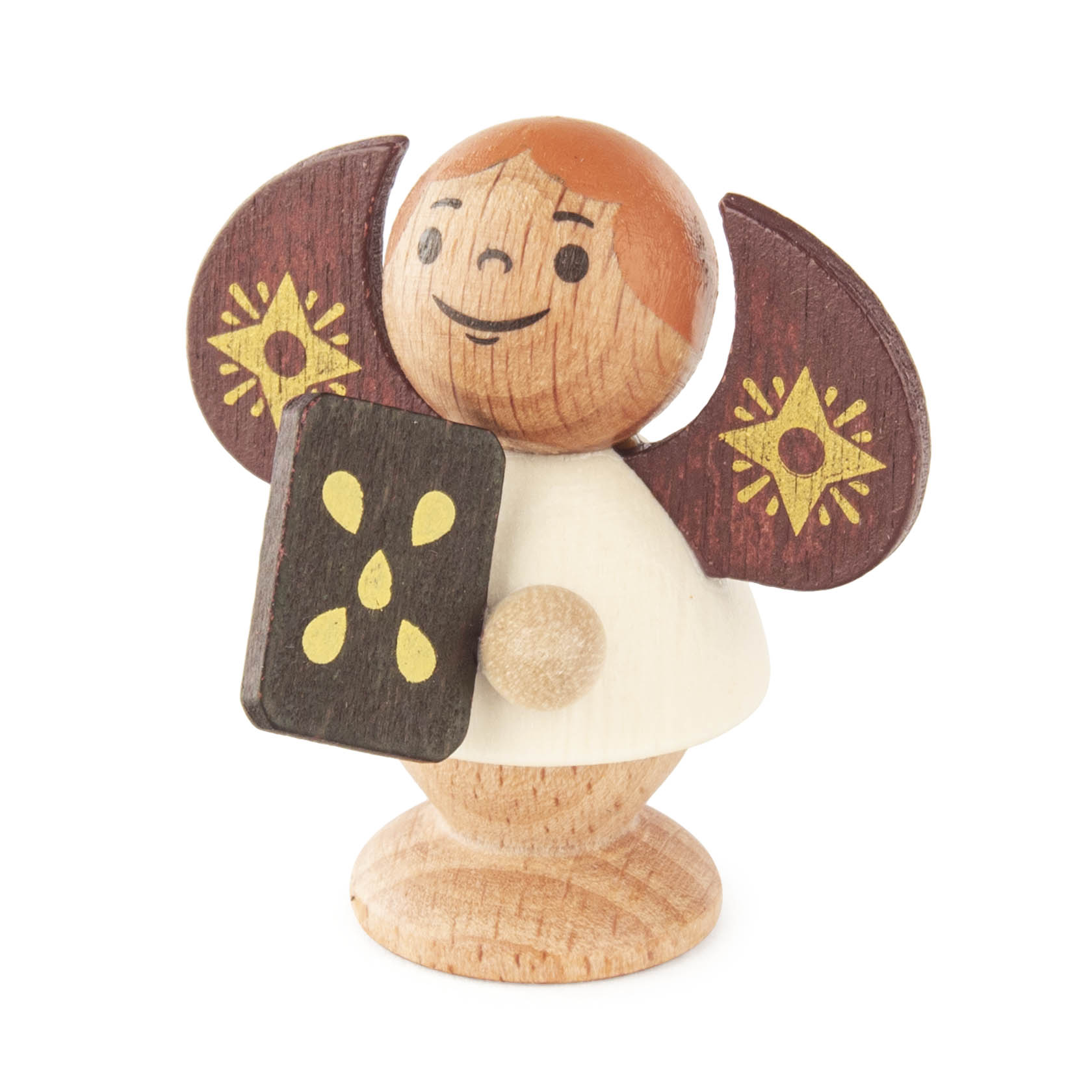 Holzfigur eines Engels mit weißen Flügeln und gelben Sternen, der einen Pfefferkuchen hält. im Dregeno Online Shop günstig kaufen