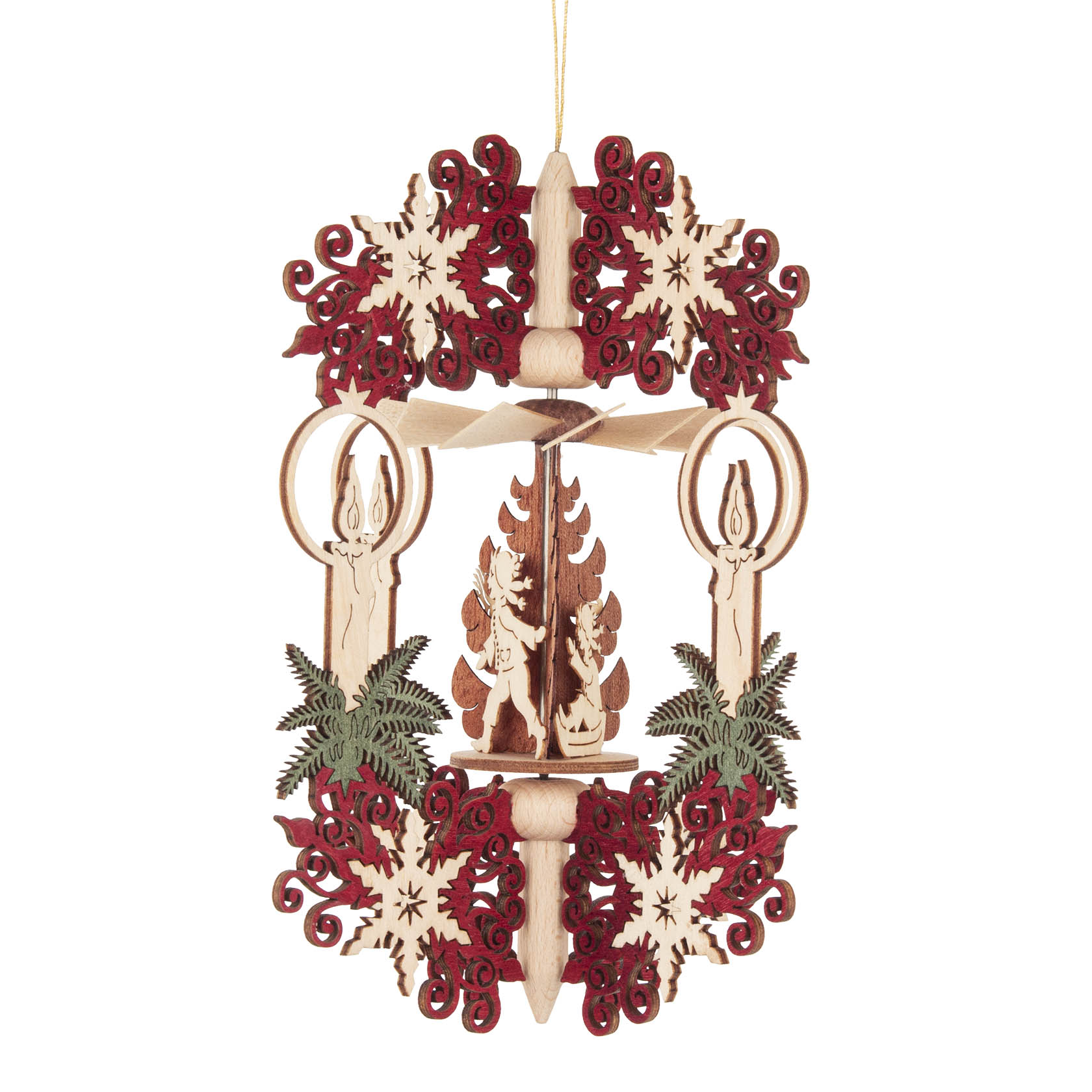Dekoratives Wärmespiel aus Holz mit zwei Kerzenfiguren und einem zentralen Baum, umgeben von roten floralen Ornamenten. im Dregeno Online Shop günstig kaufen